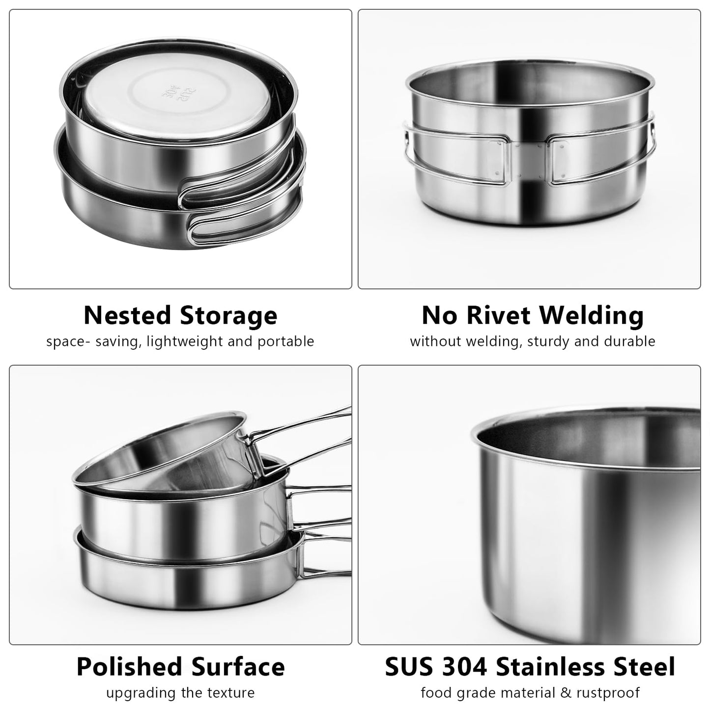 18/8 Stainless Steel Camping Cook Pot Set of 4 pcs, Camping Messware Kit, Camping Cooking Set, Backpacking Camping Cookware, Picnic Camping Cooking Mess Kit