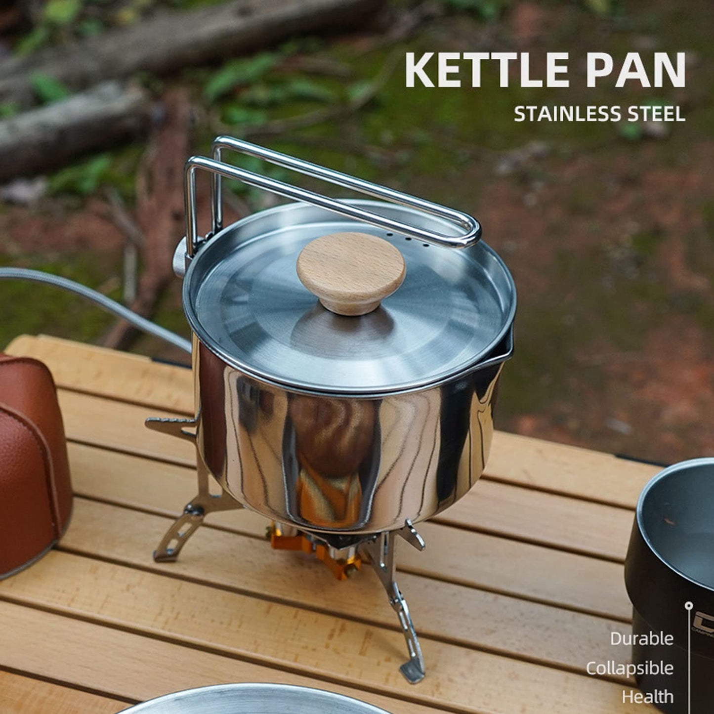 Wisecoco Camping Kettle,1L Stainless Steel Camping Kettle Removable Handle Portable Outdoors Camping Pot Cookware Coffee Tea Picnic Camping Pot with Lids for Hiking Backpacking Picnic