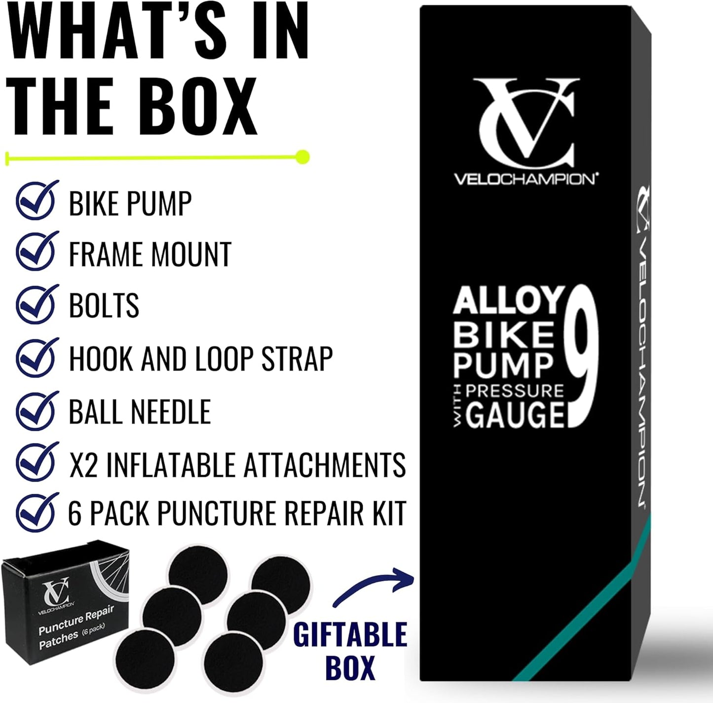 VeloChampion Alloy Mini Bike Pump Suitable for Presta, Schrader and Dunlop - Portable, Compact, Durable and Easy to Use