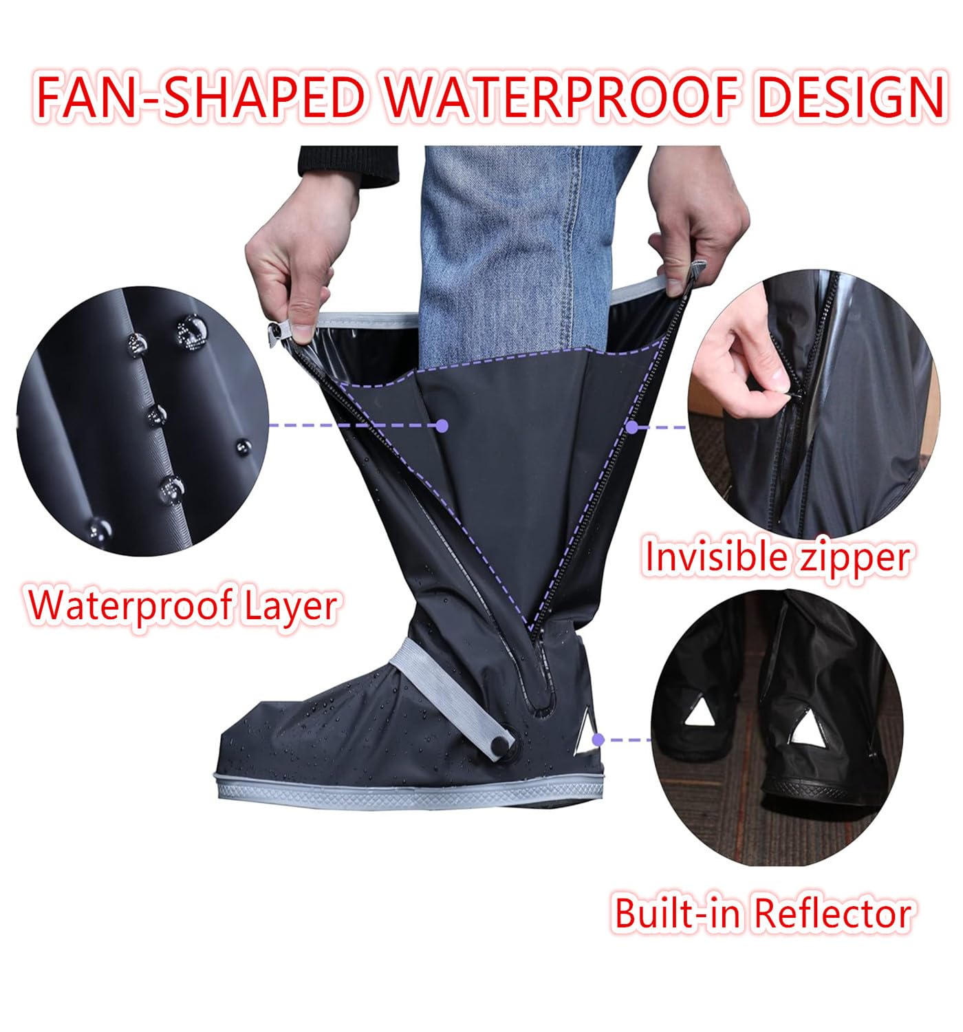 E KAINI Waterproof Rain Boot Shoe Covers with Reflector,Anti-Snow Rain Gear Reusable Galoshes for Men and Women,Foldable Rain Boot with Zipper, Non-Slip (Blcak+Grey, M)