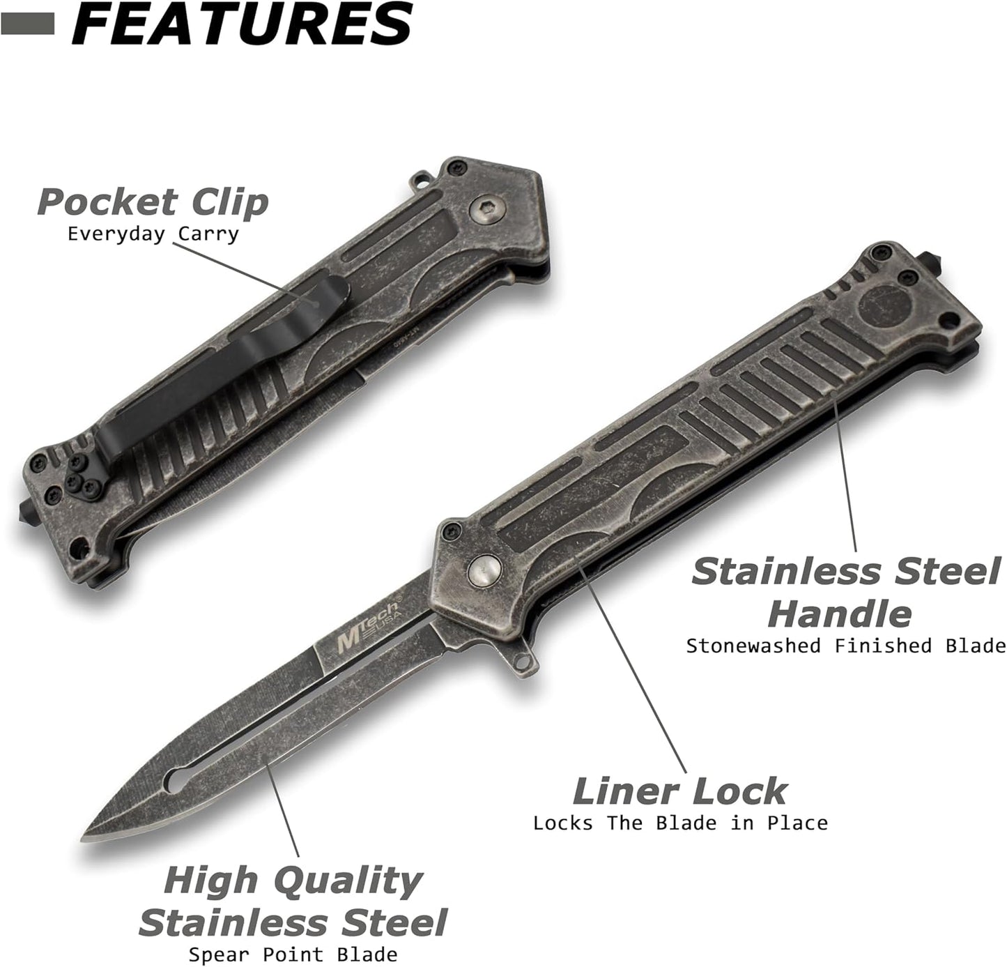 MTECH USA MT-A840P Spring Assisted Joker Knife, 4.75-Inch Closed,Stonewash