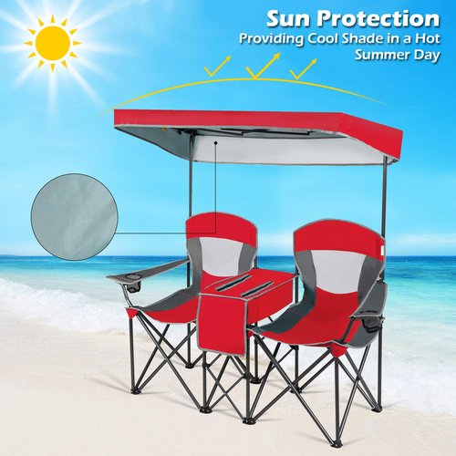 COSTWAY Double Camping Chair, Portable Camping Chair with Canopy, Cup Holder, Iced Bag, Storage Bag, Carrying Bag, Folding Loveseat for Adults, Outdoors Sport, Red
