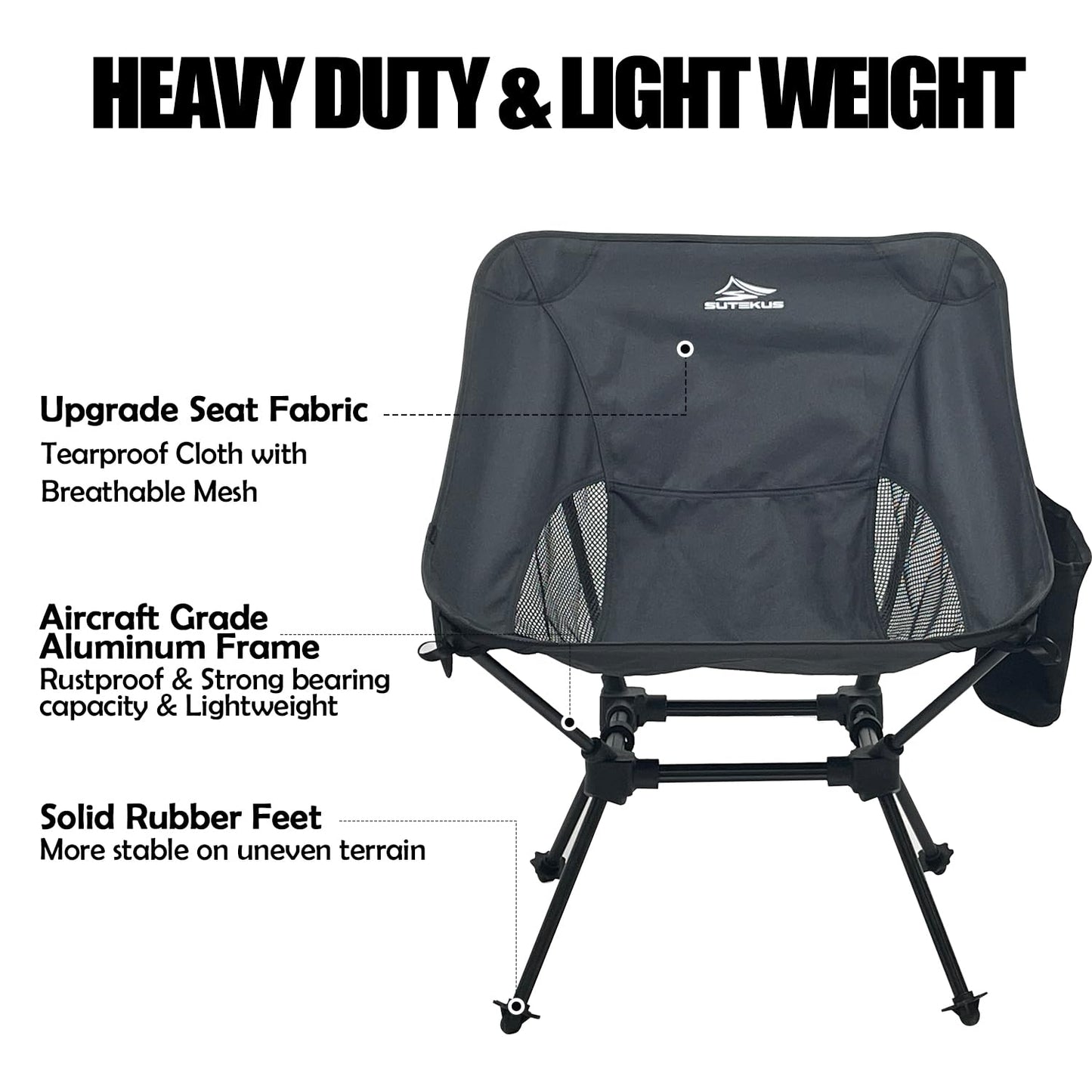 Sutekus Portable Camping Folding Chair Lightweight Camp Chair with Cup Holder and Side Bag Compact Backpacking Chairs for Camp Hiking Lawn Beach Sports (Black)