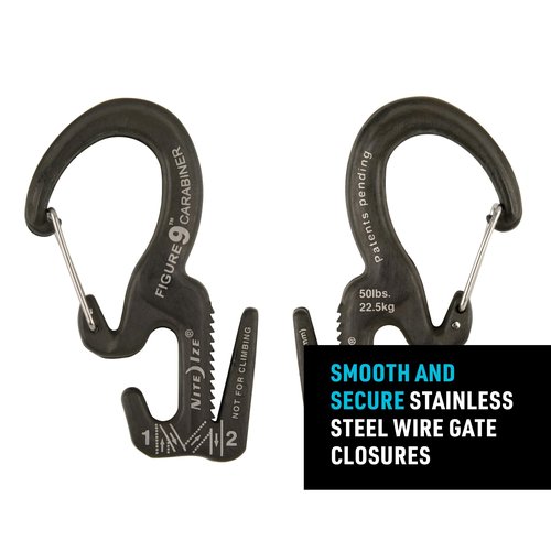 Nite Ize Figure 9 Carabiner Rope Tightener - Heavy-Duty Carabiner Clip - Cord & Rope Tightener with Wire Gate - Carabiner Camping Accessories & Tent Essentials - Small, Black (4 Pack)
