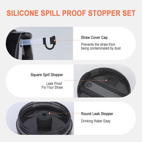 Cup Accessories Set for Stanley Including 1 Pcs Water Bottle Handle, 3 Pcs Silicone Spill Proof Stopper, 1 Pcs Silicone Boot for Stanley Cup 30/ 40oz Tumbler Accessories (Black)