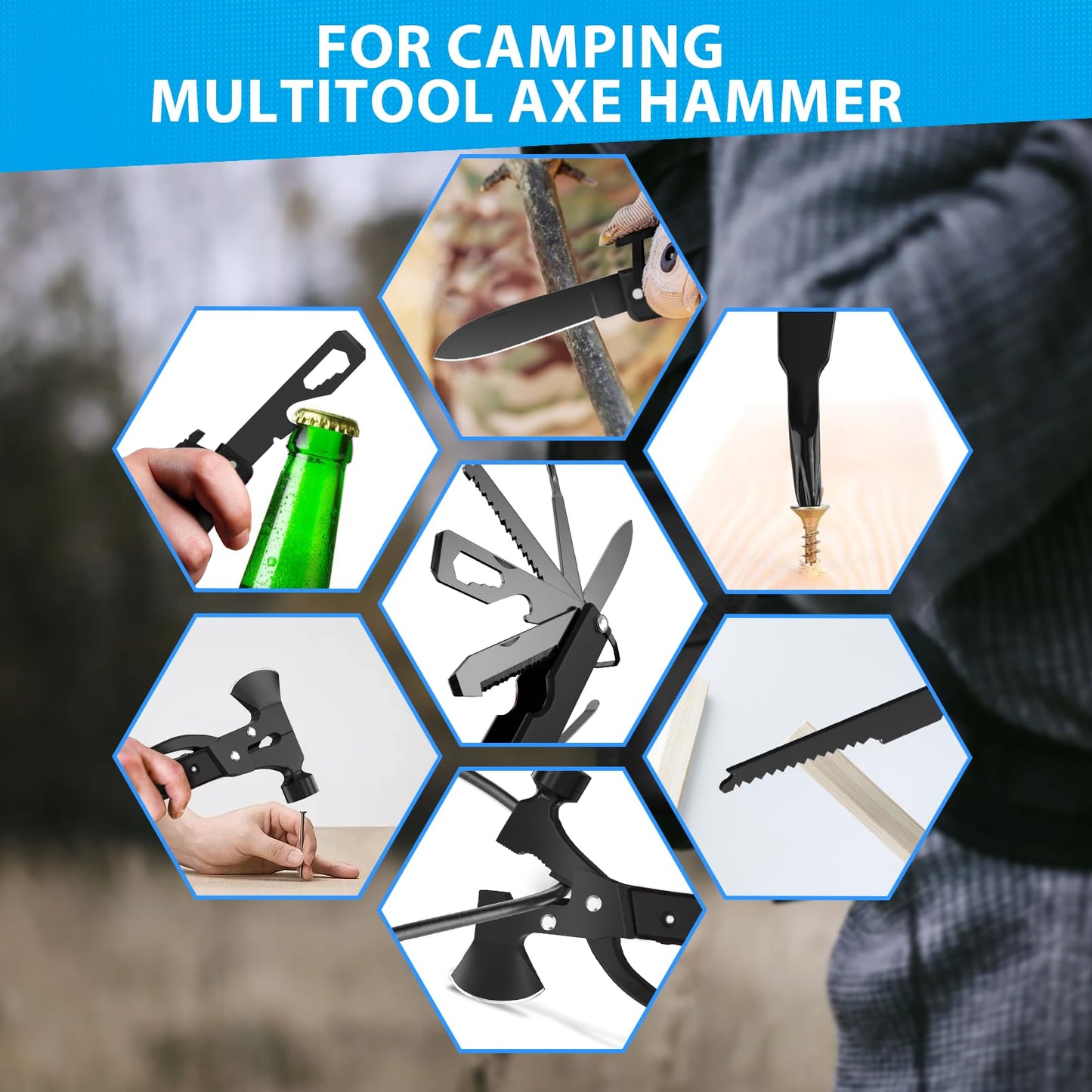15 in 1 Multitool Axe Hatchet, Camping Accessories Survival Gear, Multi Tool Gifts for Camping Hiking Survival, Fathers Day Dad Gifts from Daughter Wife Son, Cool Gadgets Gifts for Men, Dad, Black