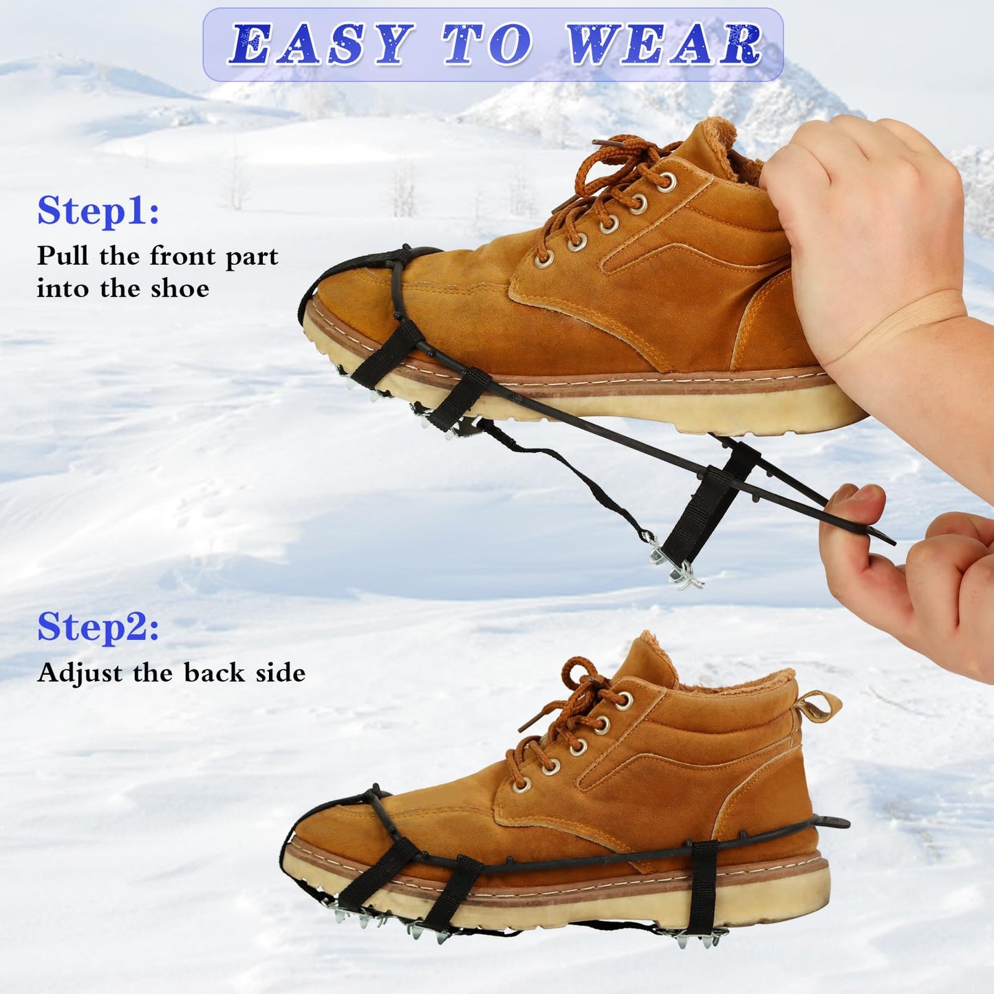 2 Pairs Crampons Ice Cleats for Shoes and Boots Universal 24 Steel Studs Snow Shoe Spikes Non Slip Snow Ice Grippers for Walking, Fishing, Climbing and Winter Hiking