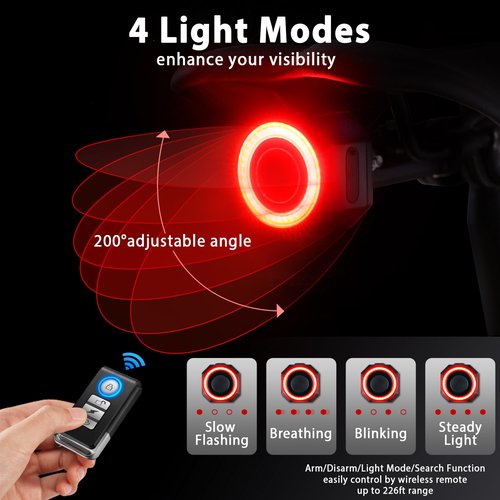 WSDCAM Remote Bike Tail Light with Alarm, Smart Bike Brake Light, Auto ON/Off, Long Battery Life Rechargeable Bike Back Light, 110dB Loud Antitheft Alarm, Waterproof Rear Bike Light Bicycle Tail Light