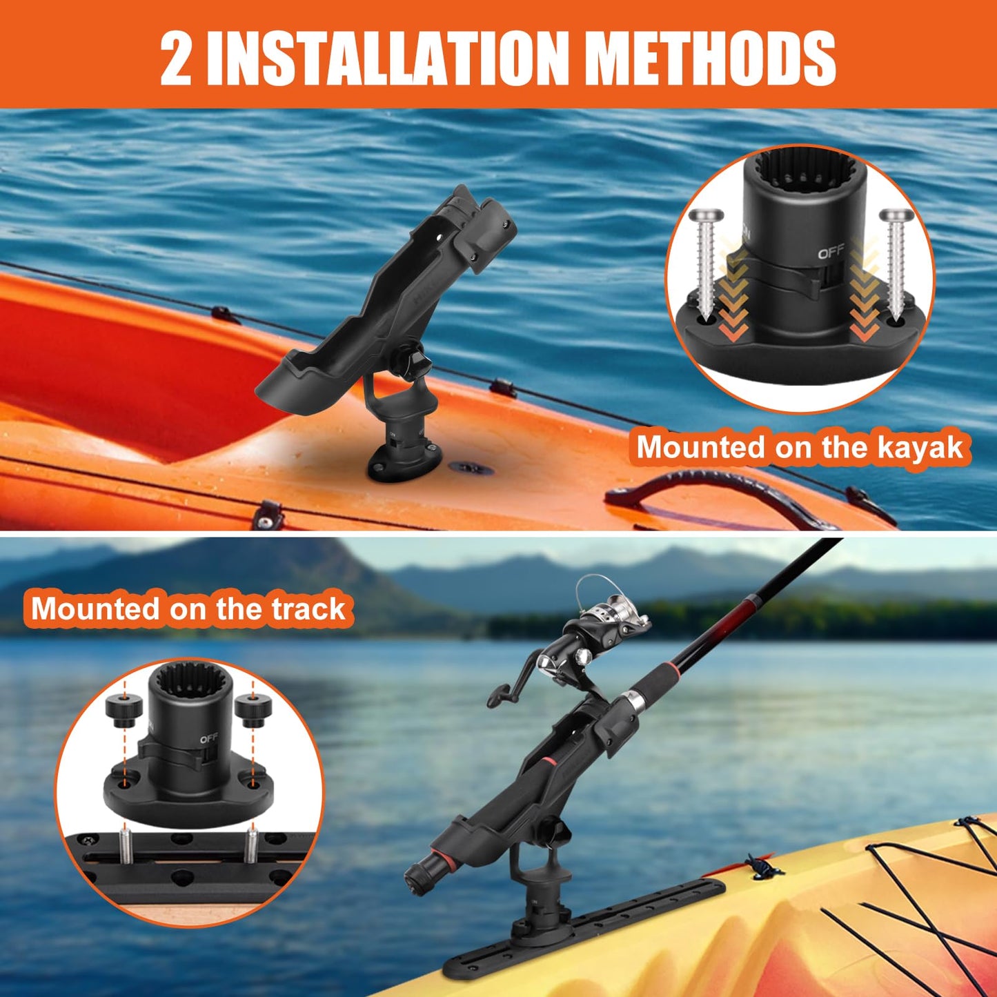 Kayak Fishing Rod Holder, Fishing Boat Rod Holder for Track Mount / Deck Mount, Fishing Rod Holders for Boat, 360 Degree Adjustable Fishing Pole Holders 1Pack