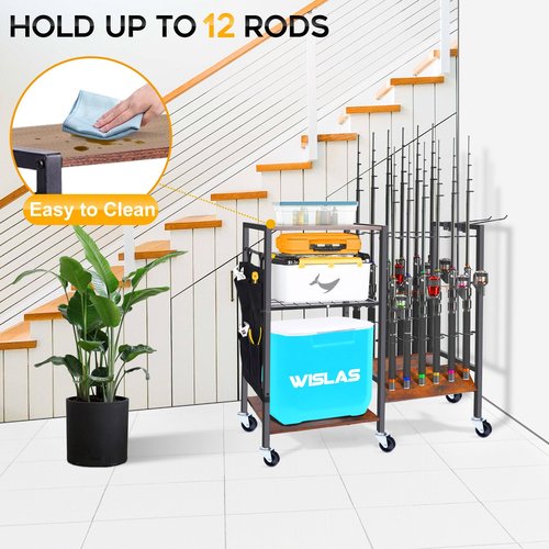 NAICKUC Fishing Rod Holders for Garage, Pole Holders with Wheels for 12-Rods, Fishing Rod Rack with 3 Tier Storage Organizer, Fishing Gear Equipment Organizer Cart, Ideal Gifts for Men Dad