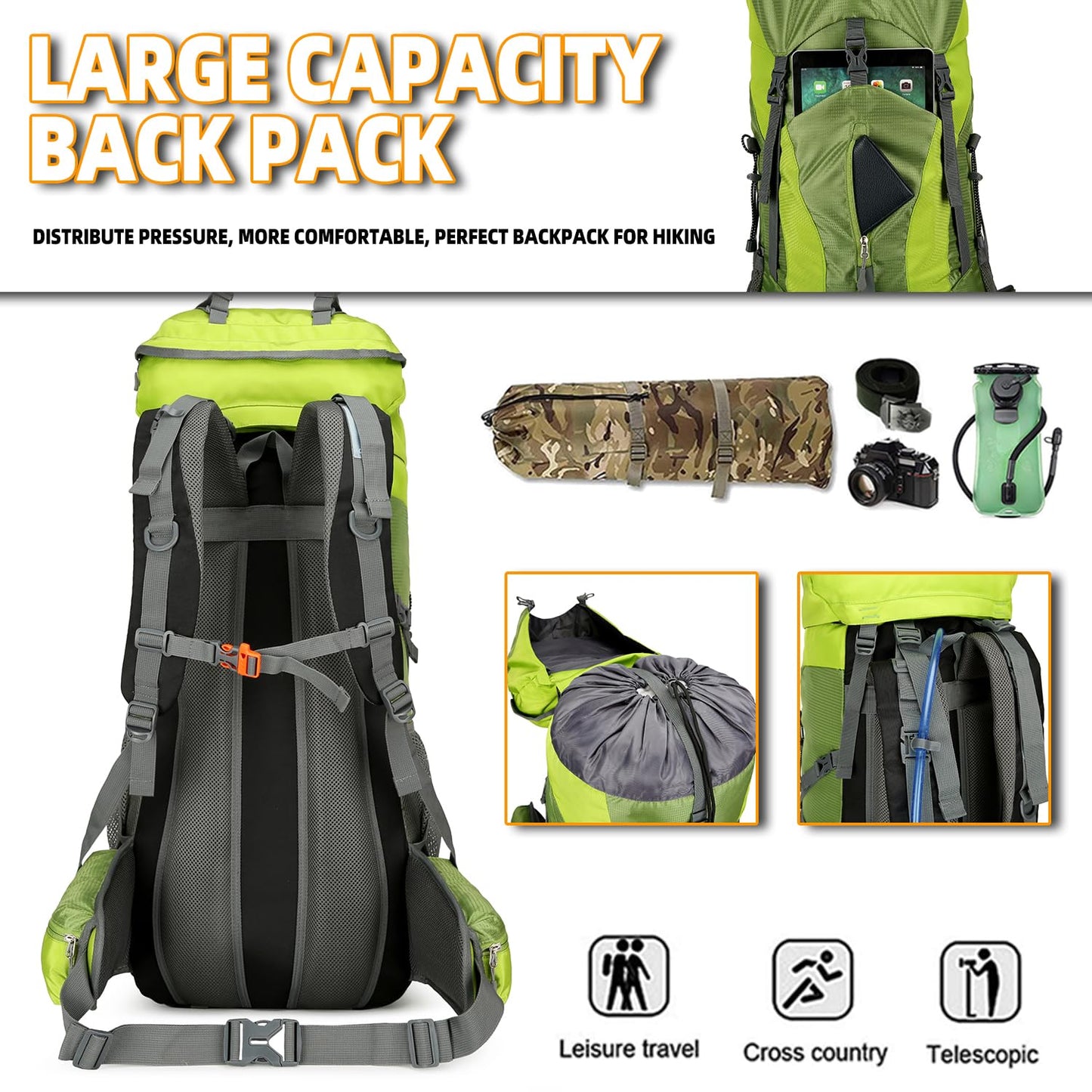 ZCSQIUO 75L Hiking Backpack for Men Women Daypack Backpack Outdoor Waterproof Camping Backpack with Rain Cover (Green)
