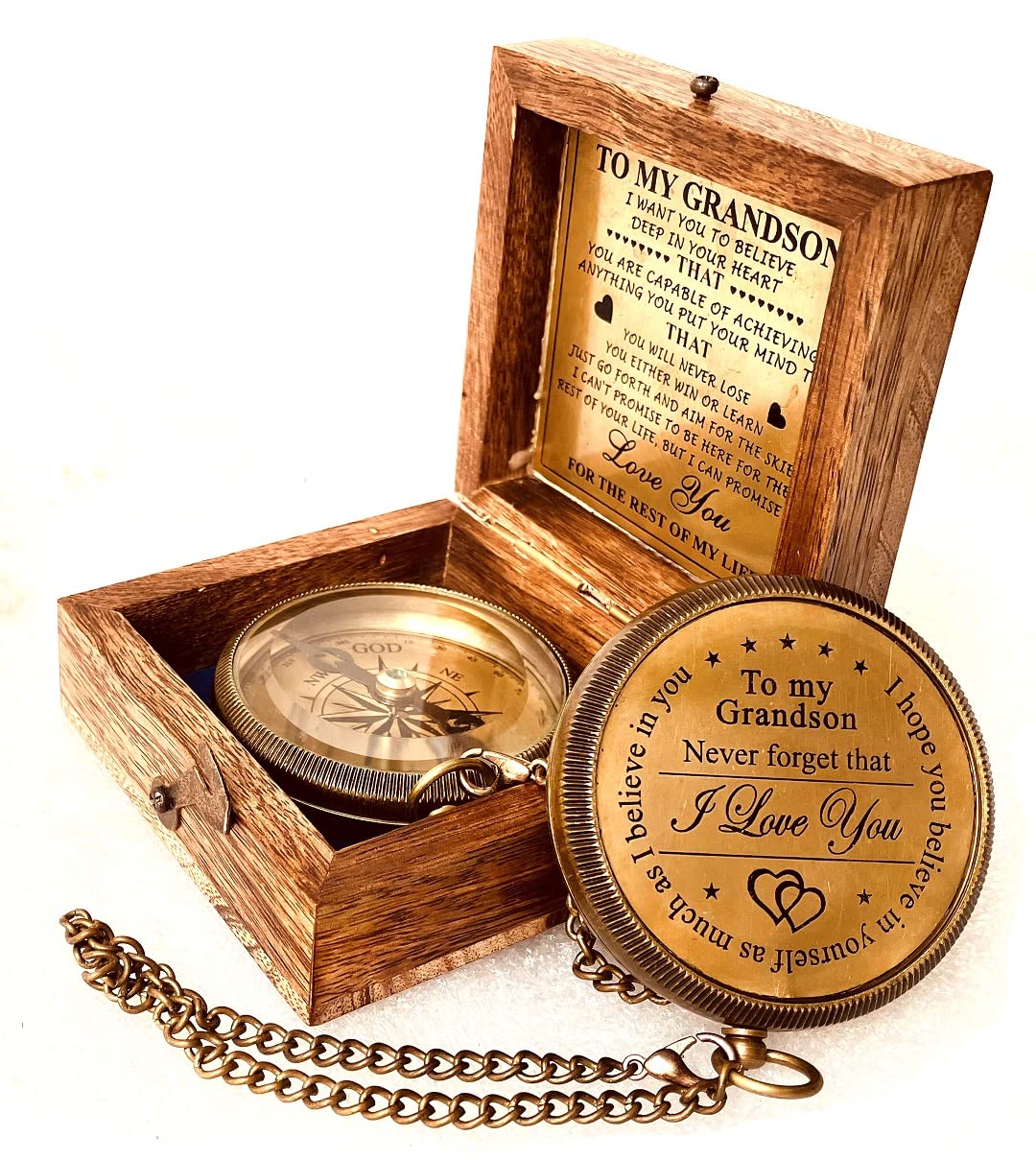 Gift for Grandson Brass Compass Engraved Quote | Memory Present to My Grandson Birthday, Baptism, Graduation, Confirmation, Love, Gift idea by Grandpa Grandma (#1 Grandson - I Love You)