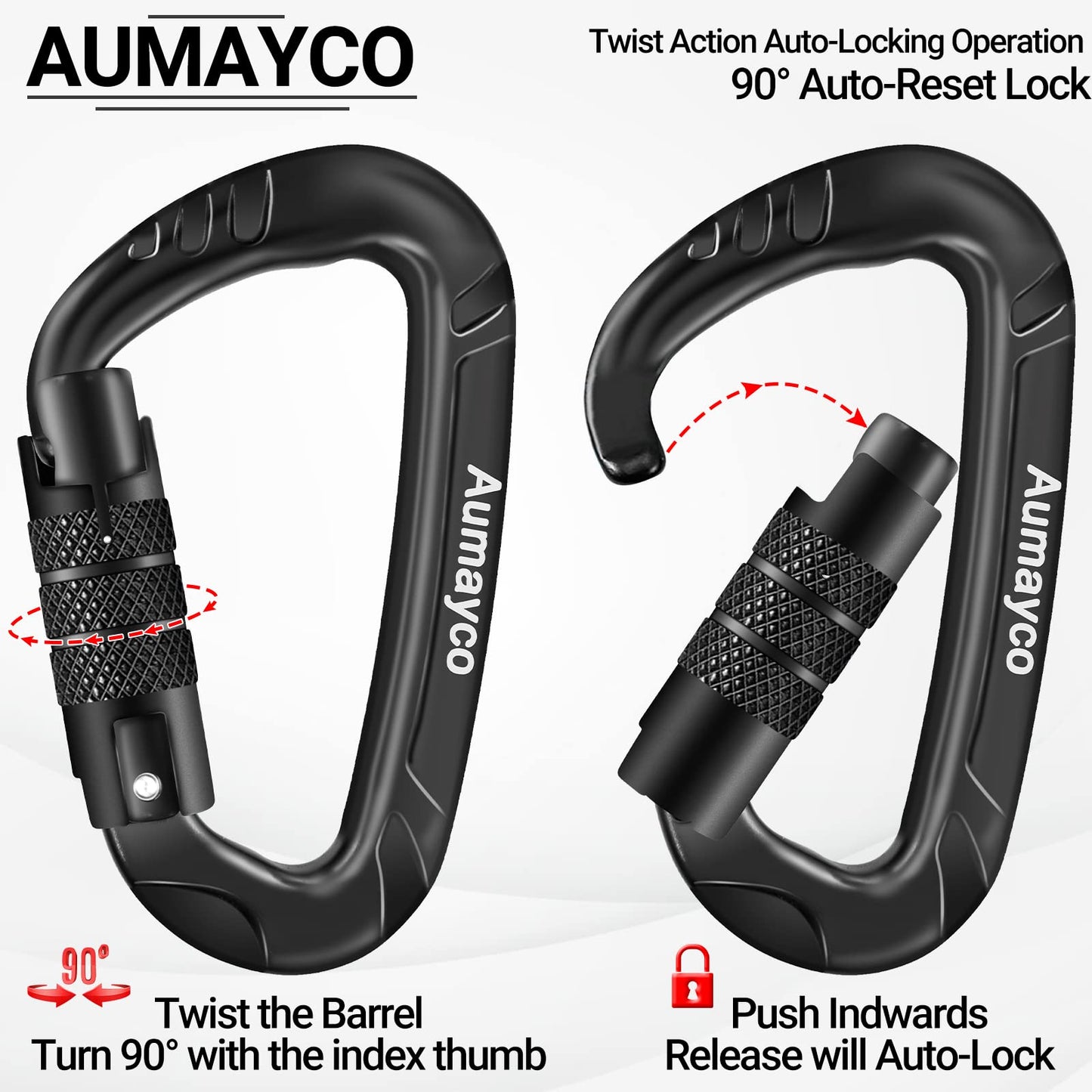 AUMAYCO Auto-Locking Carabiner Clips Black 2PC of 12KN (2697 lbs), Lightweight and Heavy Duty Carabiners for Outdoor, Hiking, Hammock, Swing, Gym, Keychains, Dog Leash and More