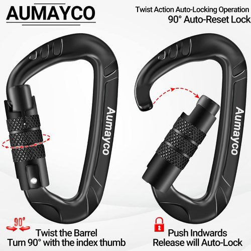 AUMAYCO Auto-Locking Carabiner Clips Black 2PC of 12KN (2697 lbs), Lightweight and Heavy Duty Carabiners for Outdoor, Hiking, Hammock, Swing, Gym, Keychains, Dog Leash and More