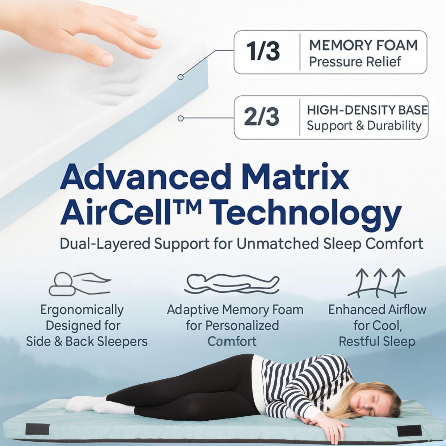 Matrix Cell 4 inch Queen Memory Foam Floor Mattress Pad, Roll Up Mattress, Guest Floor Mattress for Adults, Roll Away Bed for Sleepover, Sleeping Mat, Cot Mattress Pad, Heavy Duty Travel Cot