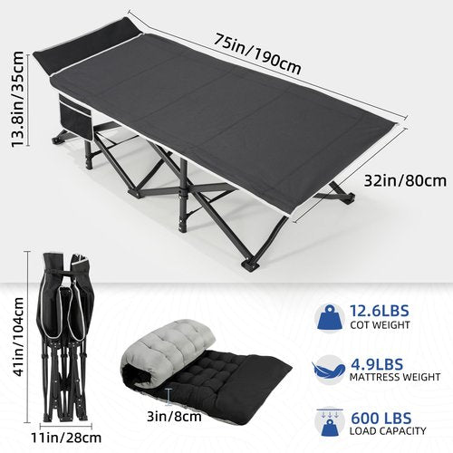 HABUTWAY Camping Cot with Mattress, 32" Extra Wide Camping Cots for Adults, Sleeping Cot for Adults Holds Up to 600LBS, Cots for Sleeping, Camp, Rv, Beach, Patio, Office Naps(Black)