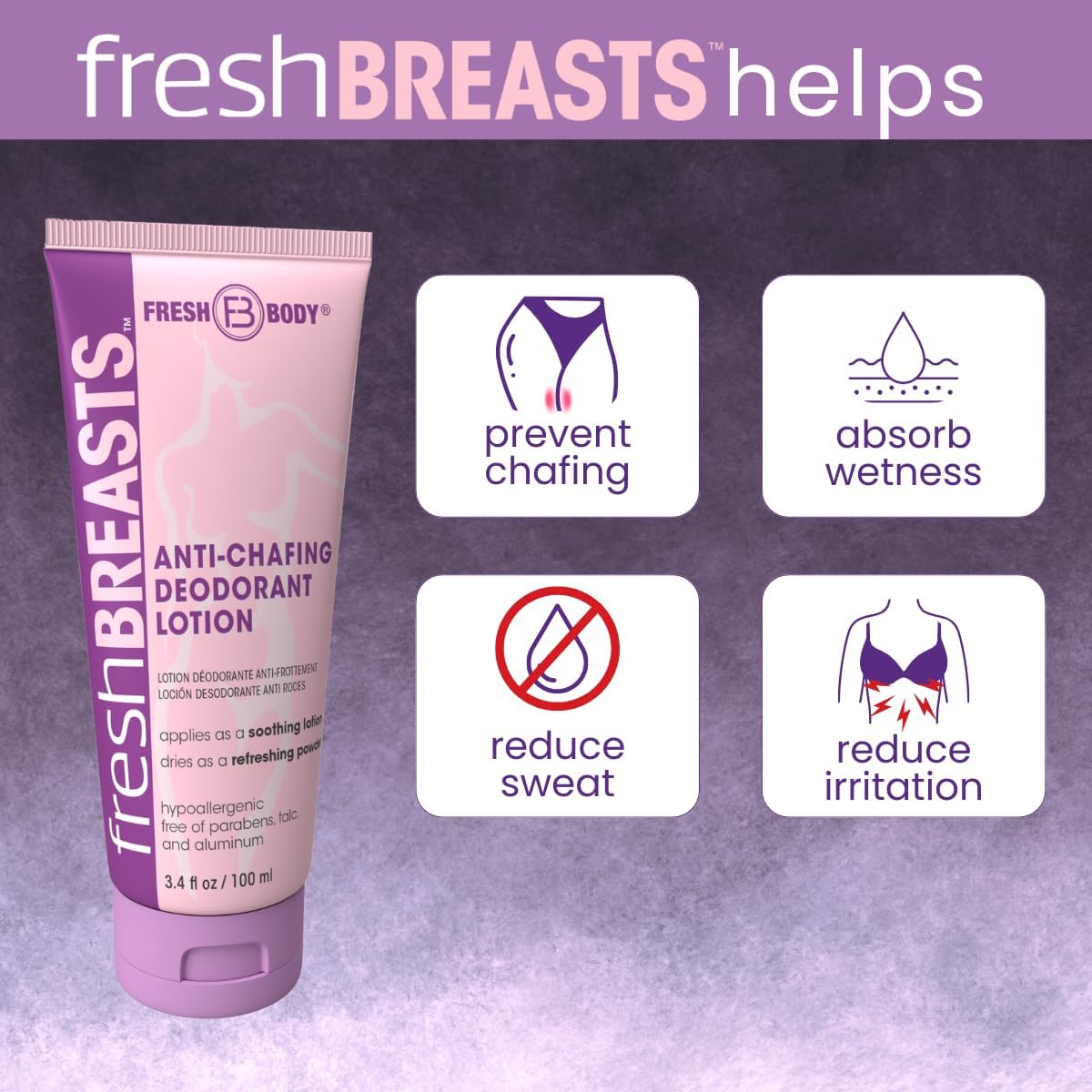 Fresh BREASTS Anti-Chafing Deodorant Cream to Powder for Under Boobs, Inner Thighs - Lotion Made without Talc, Aluminum, Parabens or Added Fragrance - 3.4 Fl Oz (2 Pack)