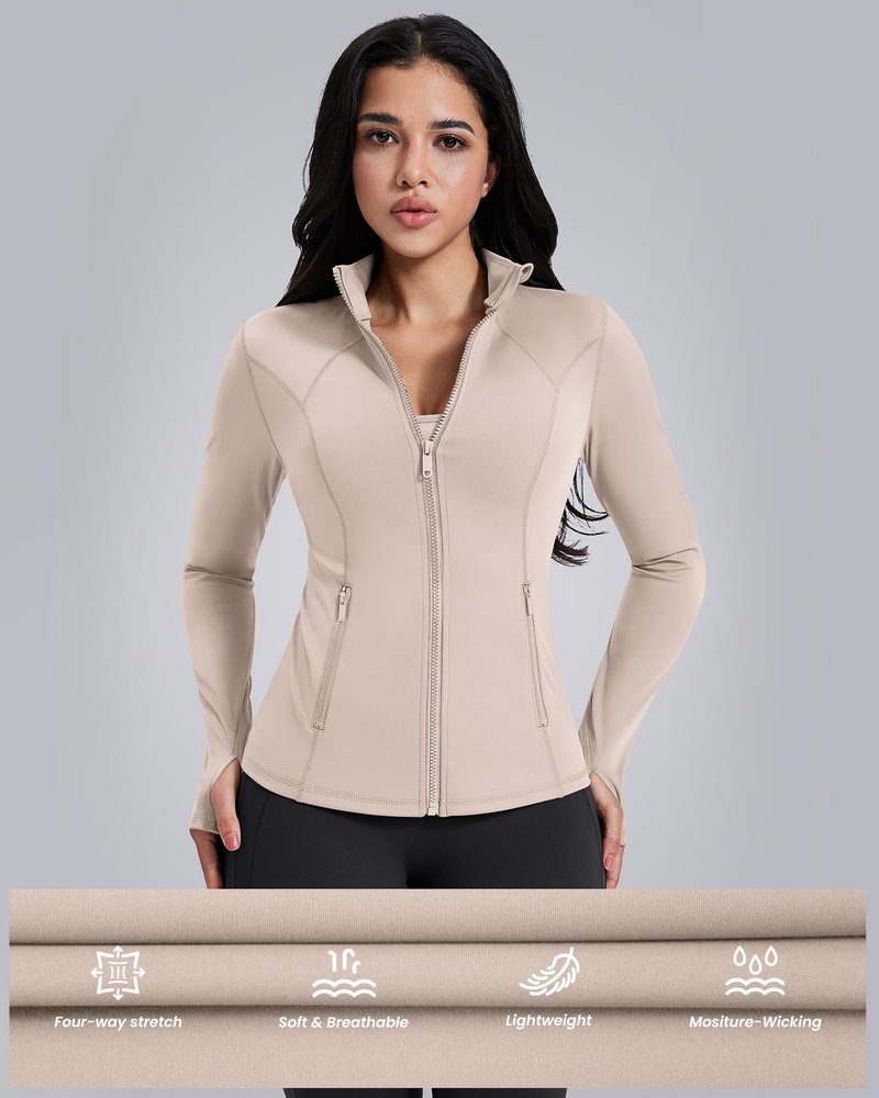 AVGO Womens Workout Jackets Lightweight Athletic Zip Up Jacket Slim Fit Running Gym Top with Pockets & Thumb Holes