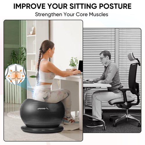 APEXUP Yoga Ball Chair, Exercise Ball Chair with Base for Office, Anti Slip Stability Ball Fitness Ball Seat, Home Gym Workout Ball, Balance Ball with Pump (Black, L)