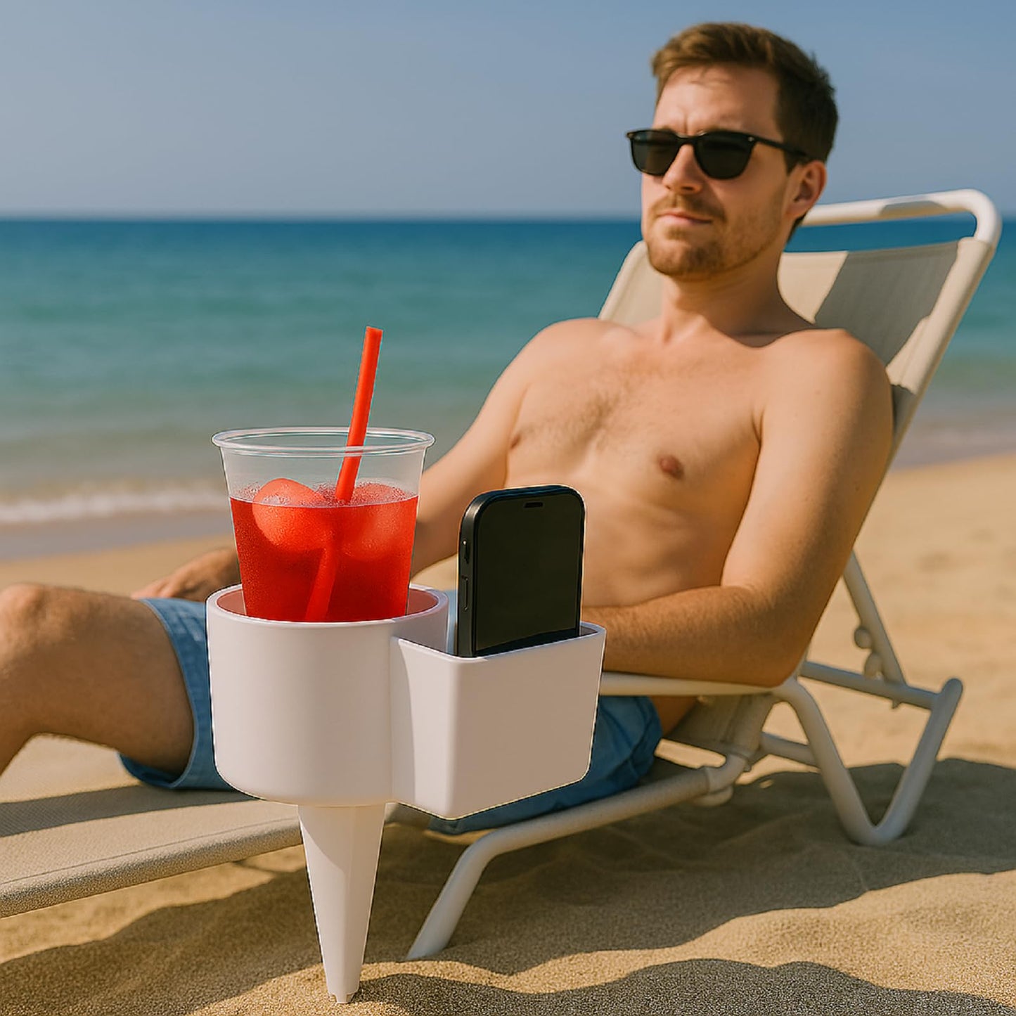 2-Pack Beach Drink and Phone Holder with Pocket – Sand Spike Cup Organizer for Sunglasses, Keys, and More – Ideal for Beach, Garden, and Outdoor Events