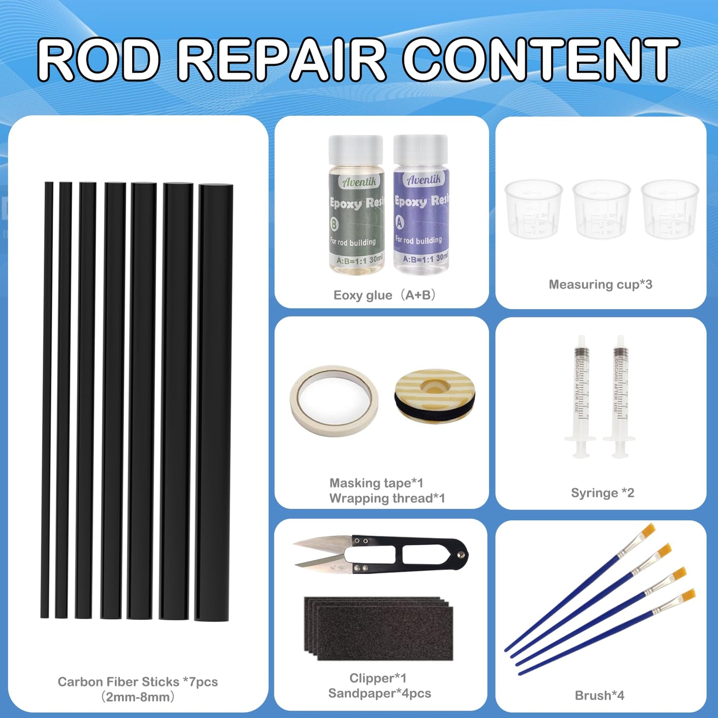 Aventik Fishing Rod Repair Kit Complete with Glue and Tip Replacement, Carbon Fiber Stick Tip Repair Kit for Broken Fishing Pole Maintenance,Rod Building Supplies Epoxy Finish