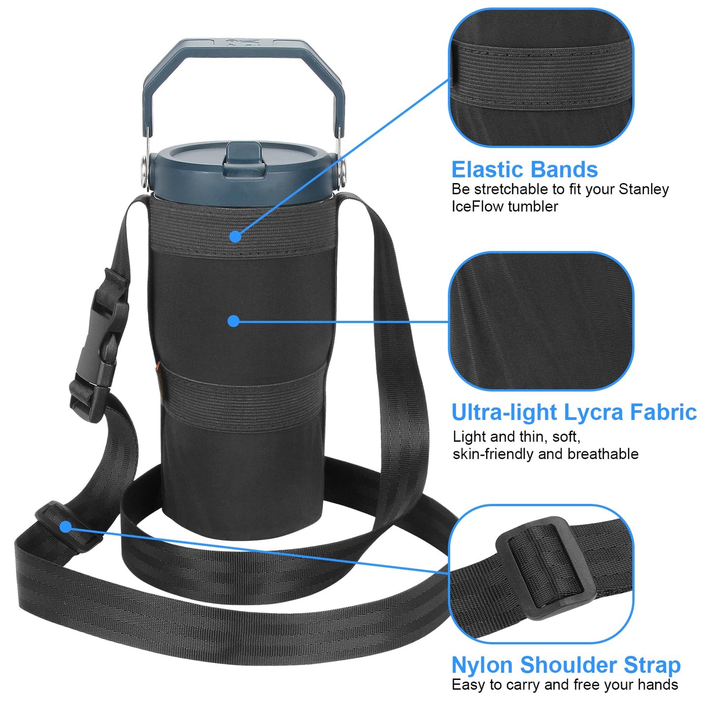 Desing Wish 20oz IceFlow Water Bottle Pouch for Stanley IceFlow Flip Straw Tumbler, Lycra Cloth Lightweight Foldable Water Bottle Holder with Strap for Walking, Hiking, Fitness, Travel - Black