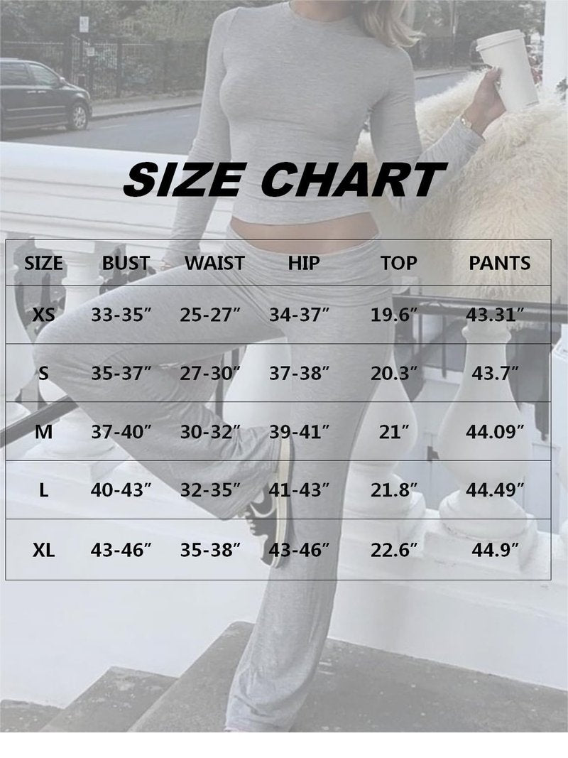 AYWA Women's 2 Piece Outfits Foldover Flare Pants Long Sleeve Crew Neck T-shirt Fitted Pajama Sets (Light Heather Grey, Small)