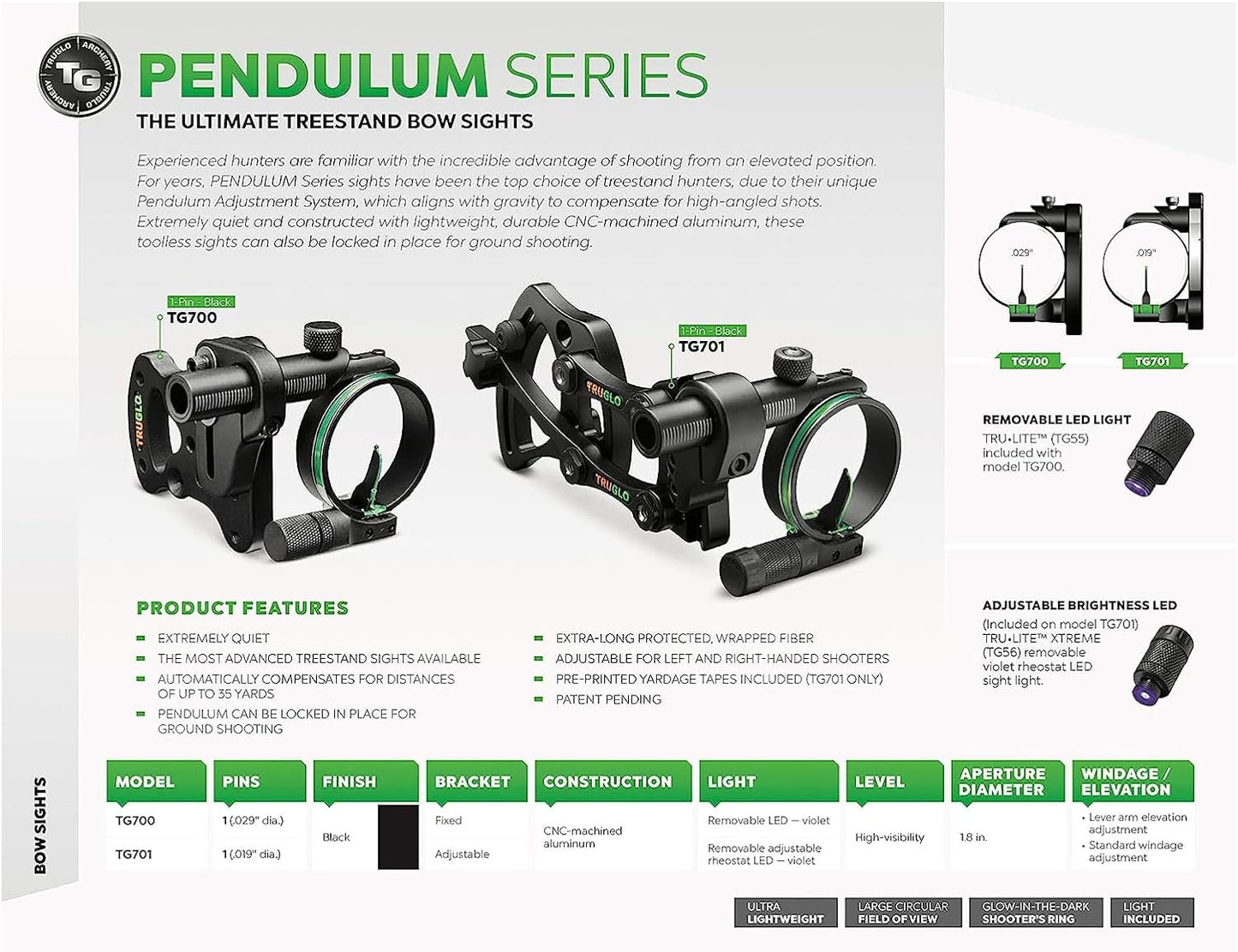 TRUGLO Pendulum 1-Pin Ultra-Lightweight Quiet Archery Hunting Treestand Bow Sight with Large Circular Field of View - Adjustable for Right & Left-Handed Shooters - LED Light Included