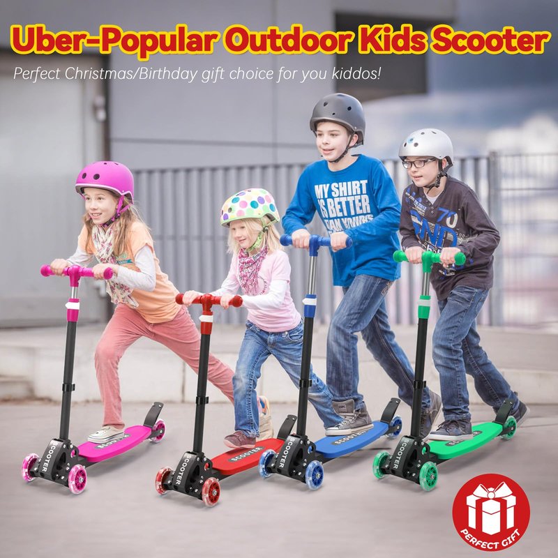 Scooter for Kids 3-12, Kid Scooters with Extra-Wide Deck, 165 lb Capacity, 3 Wheel Lean to Steer Kick Scooter and Height Adjustable Handlebar, Light Up Wheels for Stable Smooth Riding, Xmas Child Gift