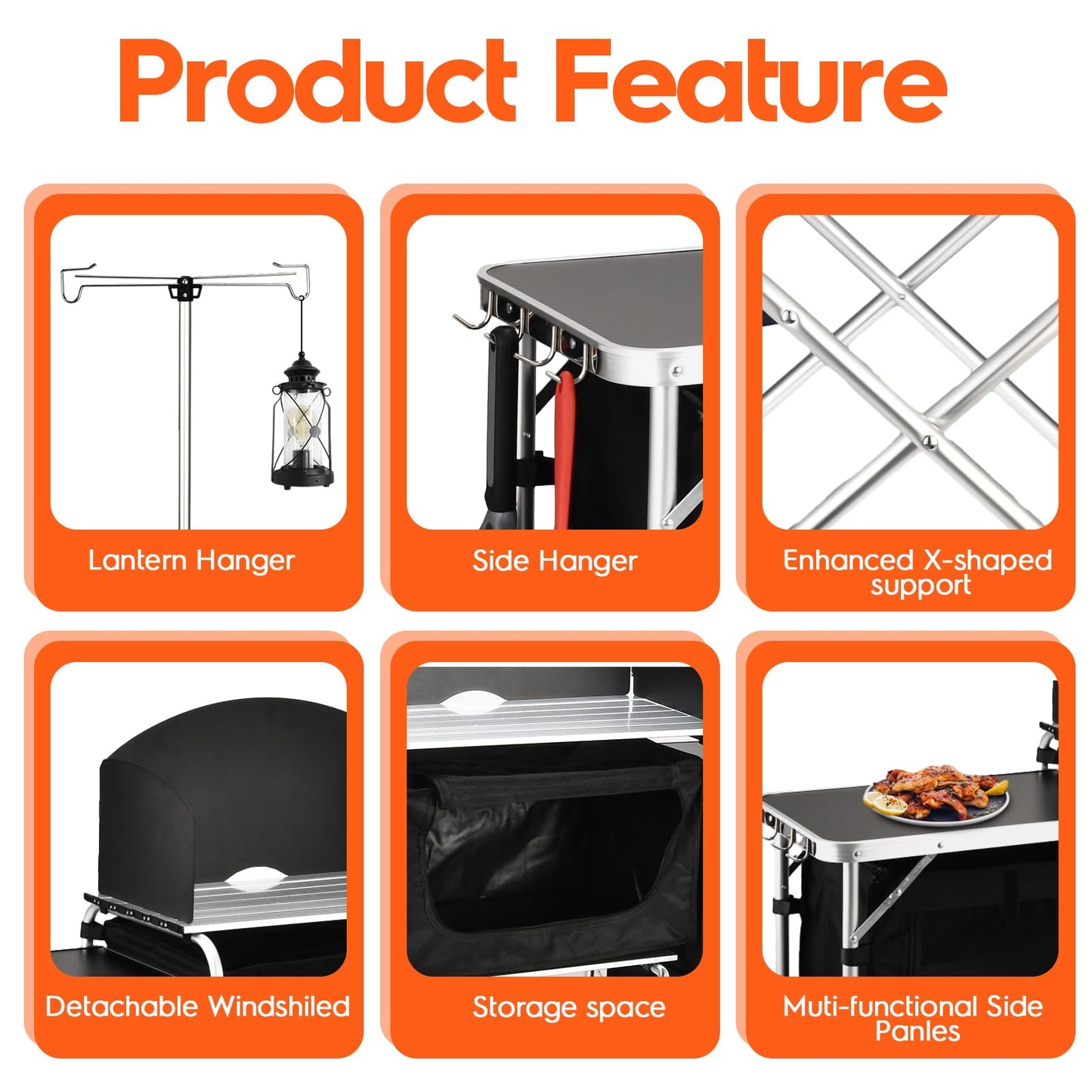 JOUYEK Cmaping KitchenTable, Aluminum Folding Camping Cook Station with Windshield, Upgrade Light Stand, Storage Bag, Quick Installation for Outdoor, Picnic, Cooking