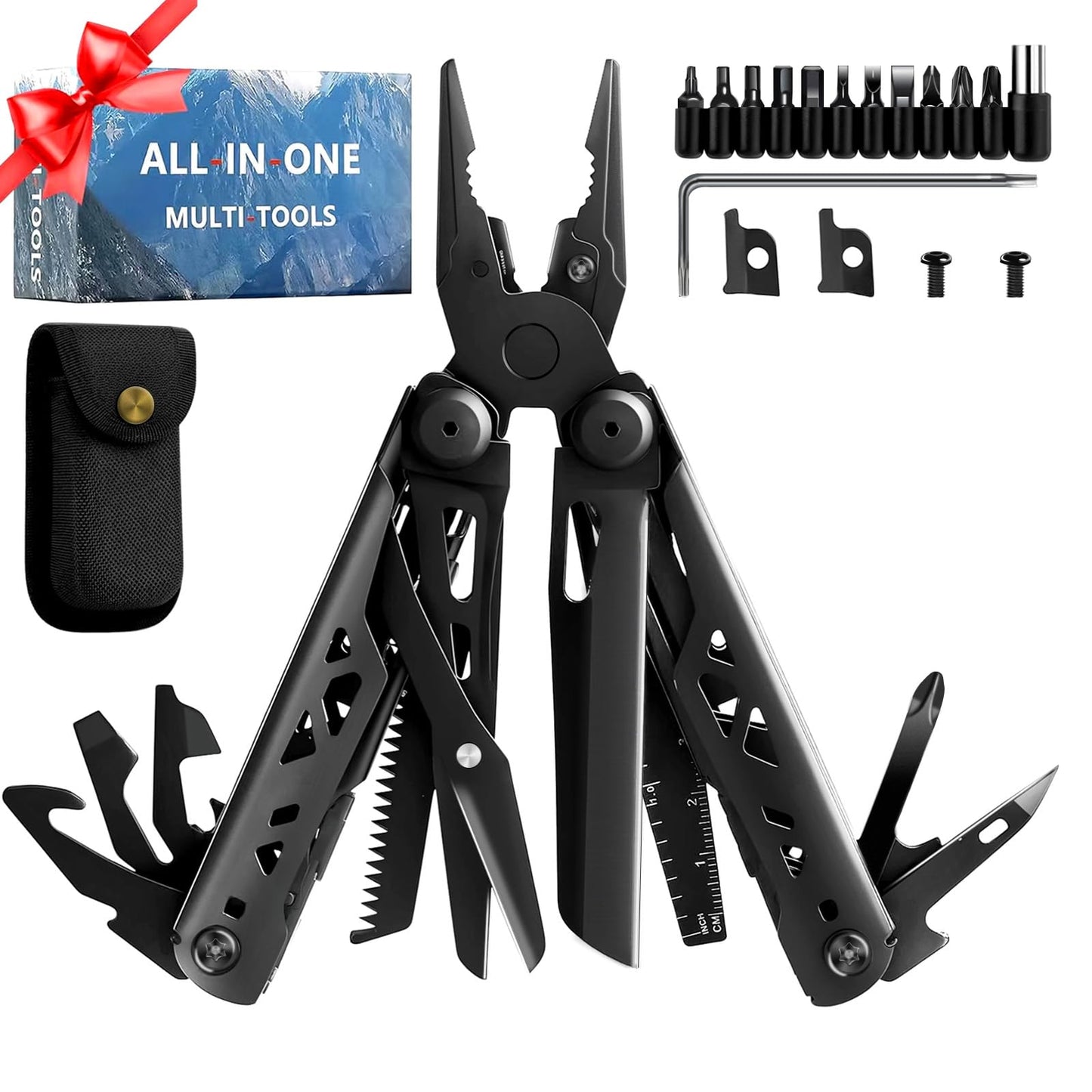 28-in-1 Multitool Pliers, Stainless Steel Multi Tool with Pocket Clip, Self-Locking, Replaceable Wire Cutters, and Precision Screwdriver, Foldable EDC Multi-Tool for Outdoor, Repair, Camping, Hiking