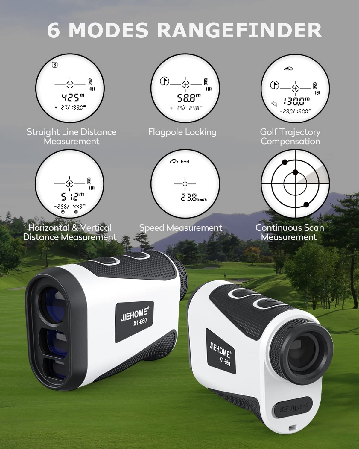 JIEHOME Golf Range Finder X1 660 Yards Rangefinder with Slope Flagpole Lock Vibration 6X Magnification Rechargeable Hunting Laser Rangefinders Golfing Rangefinder Disc Bowhunting