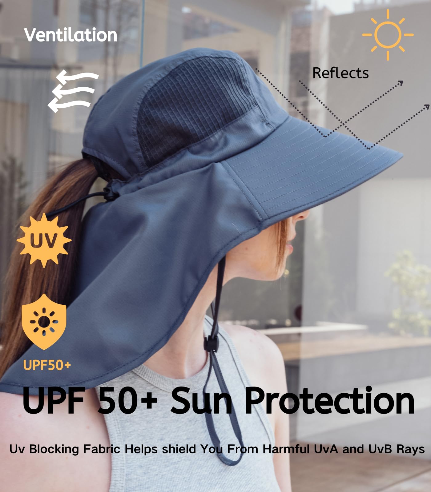 UV Sun Protection Hat Women Foldable Neck Flap Wide Brim Hiking Hat with Ponytail Hole for Women Dark-Gray