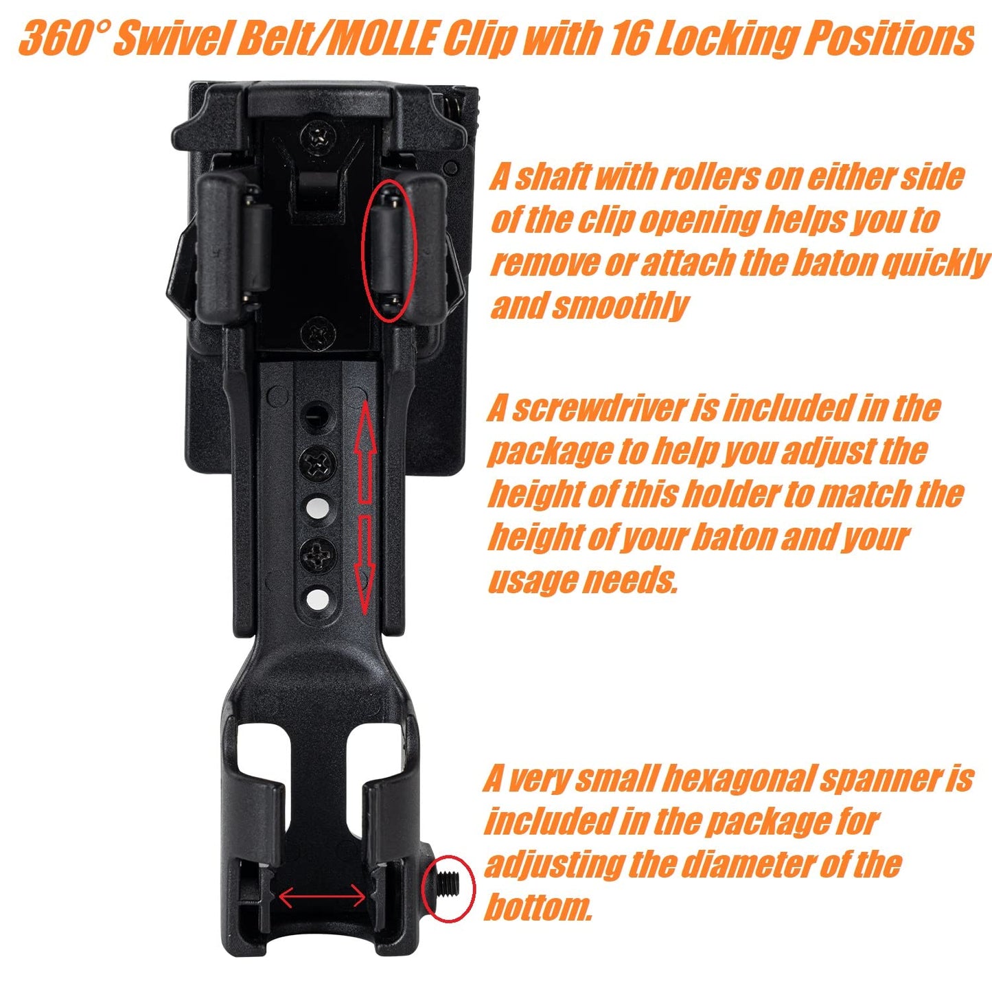 TACNEX Quick Release Baton Holder w/Duty Belt Clip Rotatable Police Baton Holster 16"-21"-26" Telescopic Baton Carrier ASP Baton Carry Case Expandable Baton Flashlight Support Stand for LE Security