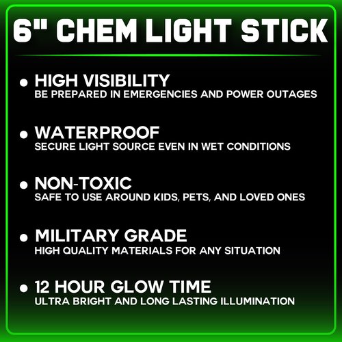PartySticks Green Glow Sticks Emergency Chem Lights (6", 25 Pack) Military Grade 12 Hour Bulk Tactical Light Sticks for Survival Gear, Camping, Power Outages