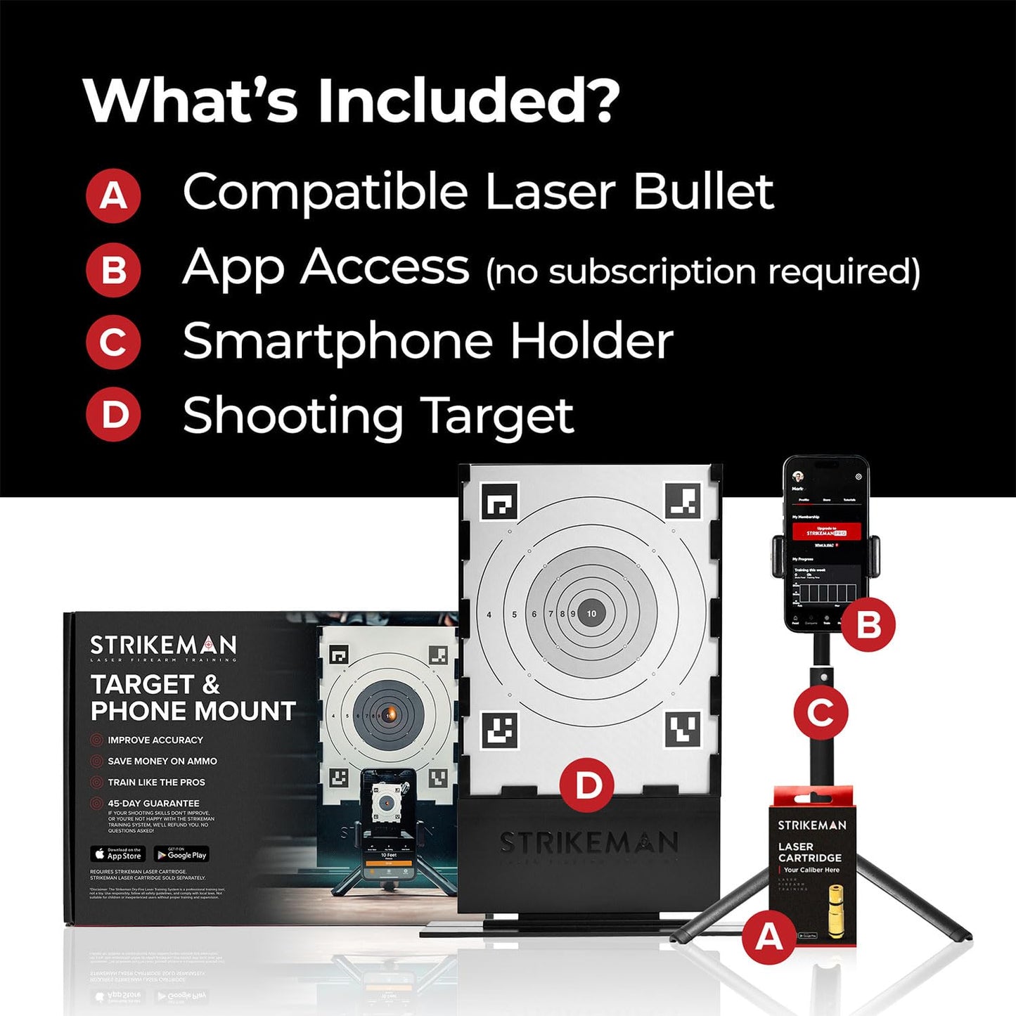 Strikeman 9mm Dry-Fire Laser Training System - Great for Target Shooting Practice with Pistols - w/Access to Updated App (No Subscription Needed), Cartridge, Target & Phone Holder