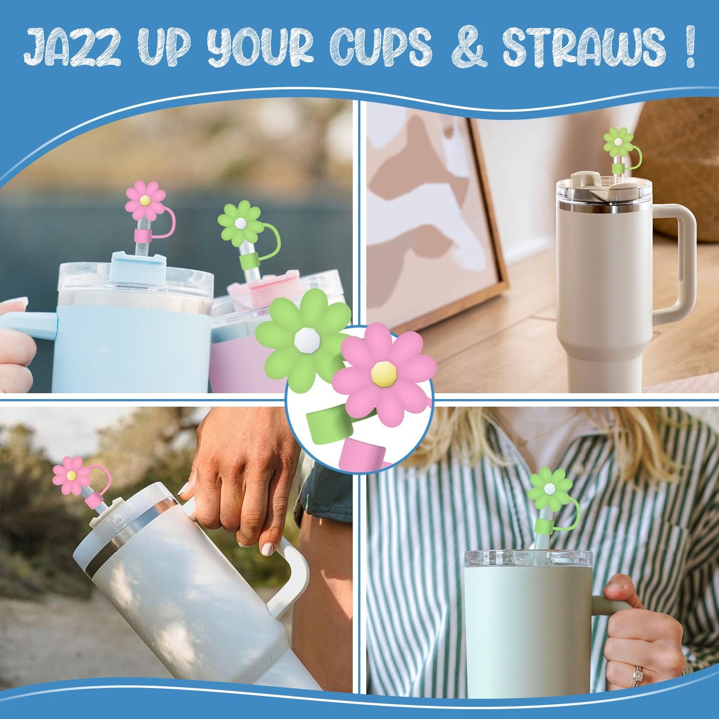 2PCS Cute Straw Covers Compatible with Stanley 30 & 40 oz Tumbler – 15mm Straw Cap with Stainless Steel Straw and Brush, Kawaii Accessories for Cup(Pink and Green)