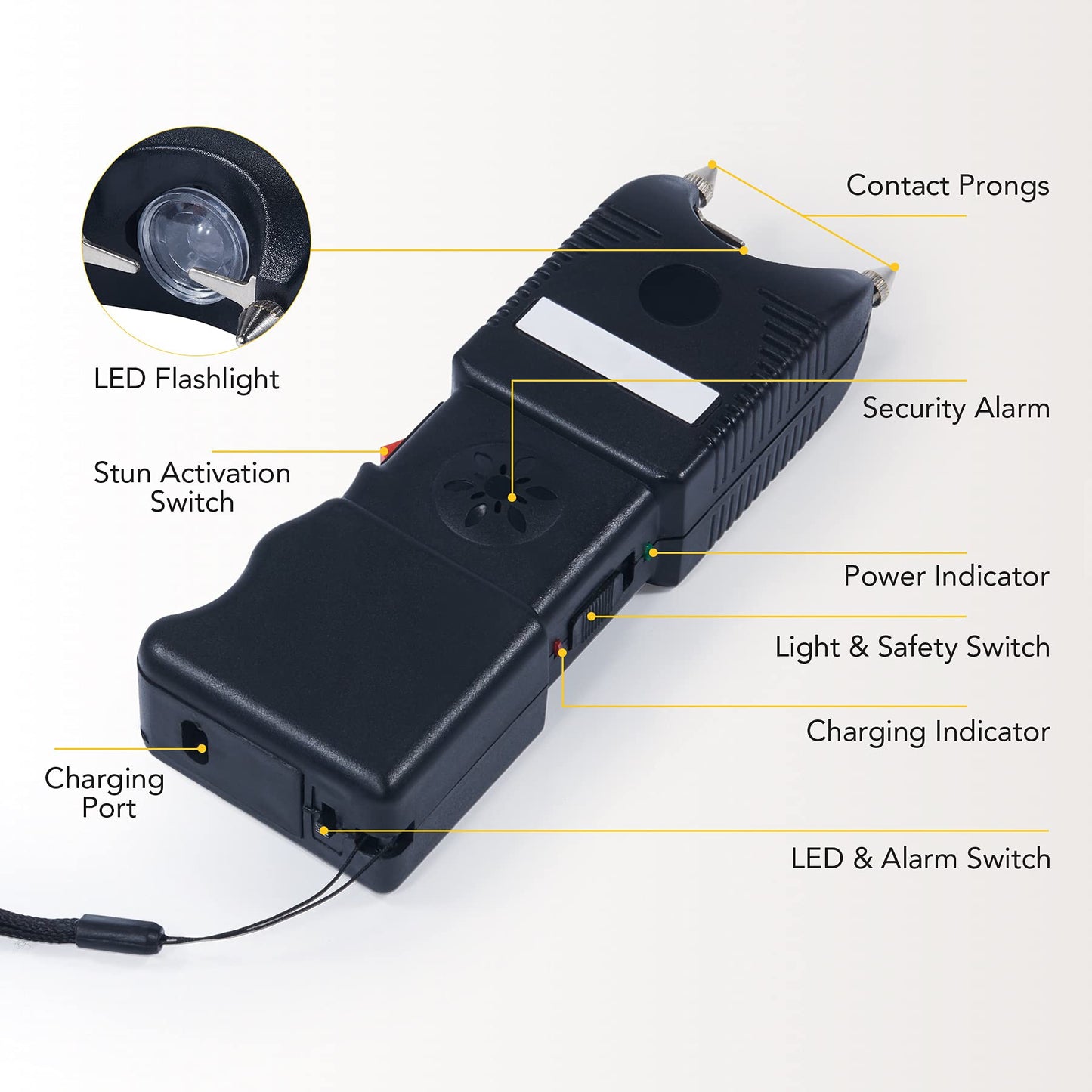 DARTMOOR Stun Gun Self Defense with 100lm Tactical Flashlight 120db Alarm Custom Holster & Ultra Powerful Rechargeable Phone Size for Men Women & Lanyard, Black