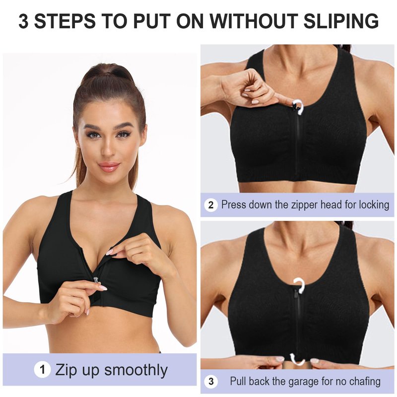 Women's Zip Front Sports Bra - Wireless, Padded, Post-Surgery Zipper Front Racerback Workout Yoga Gym Bra Top 2 Pack