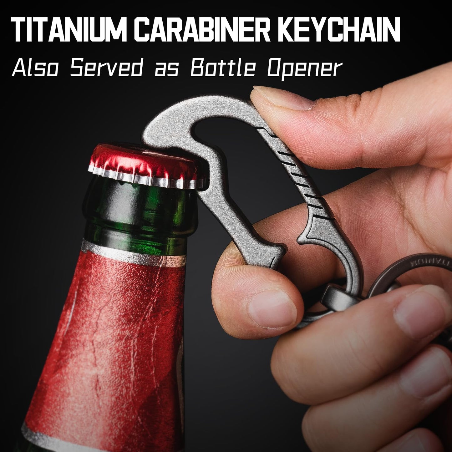 TISUR Titanium Carabiner Keychain Clip, Heavy Duty EDC Carabiner, Anti-Lost Key Ring Holder, Mens Key Chain Hooks(Grey Large - with bottle opener)