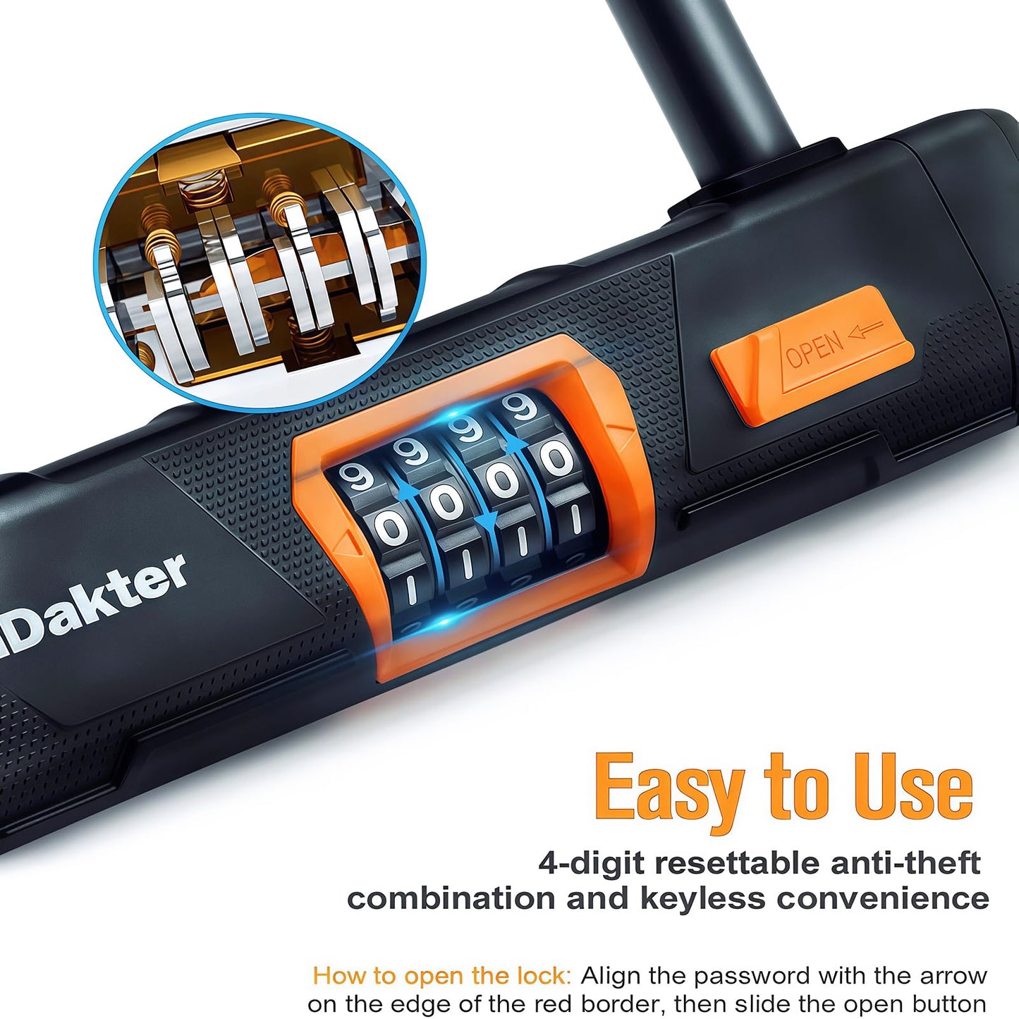 NDakter Bike Locks Heavy Duty Anti Theft, Combo Bike U Lock, 4-Digit Resettable Combination Bicycle Lock, Large U Shaped Ebike Lock with 5Ft Steel Cable for Electric Bike, Escooter, Motorcycle,Door