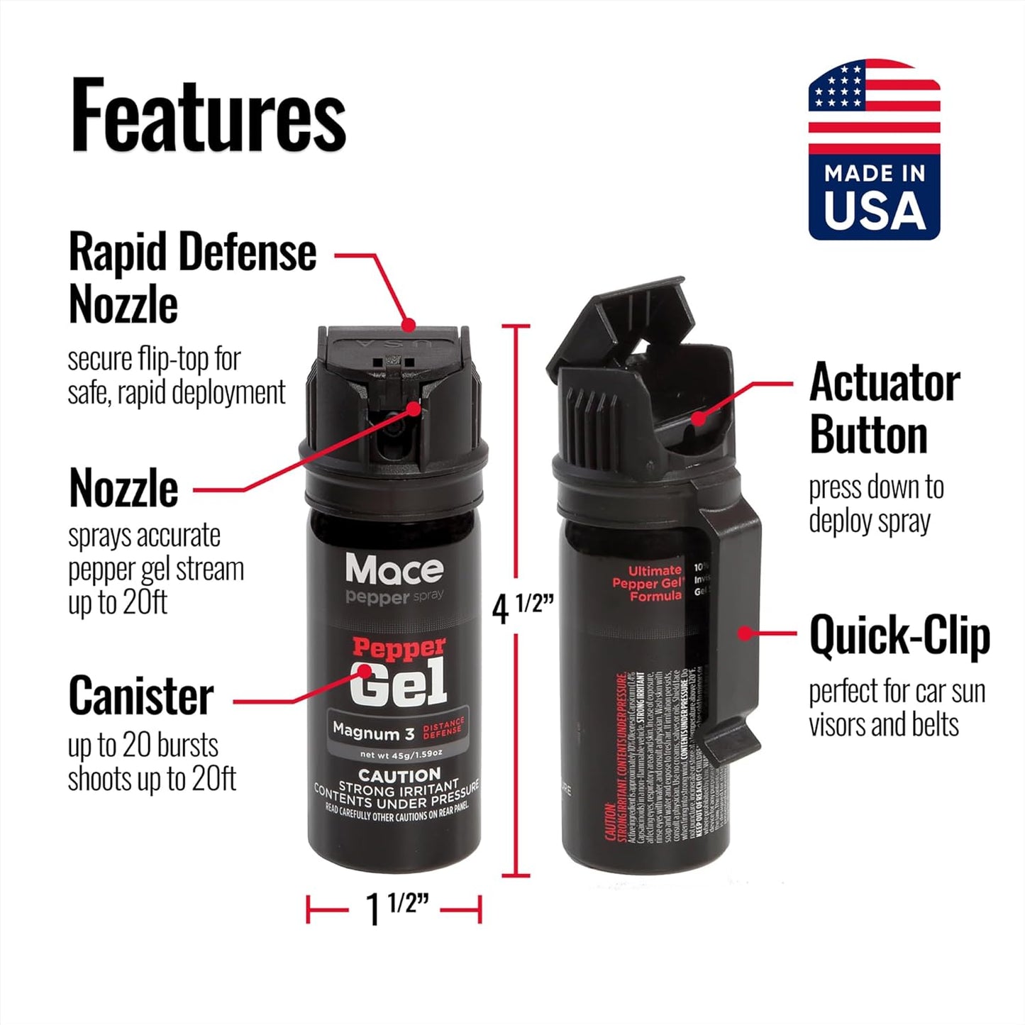 Mace Magnum 3, Magnum 4, or Magnum 9 Pepper Gel Spray, Up to 25 Feet Range, No Wind Blowback, Pepper Spray Gel for Women & Men