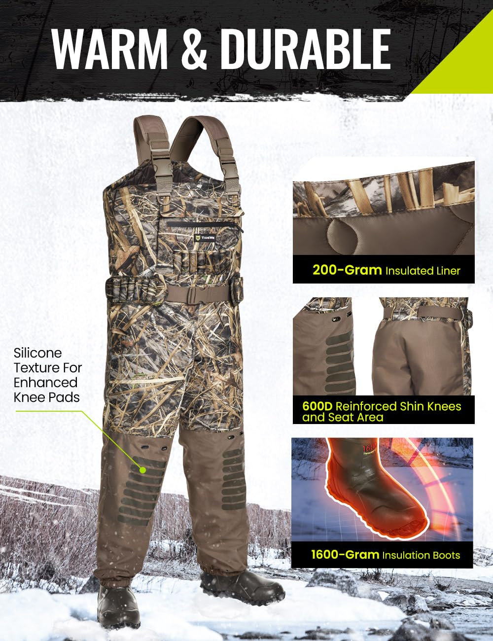 TIDEWE Breathable Insulated Chest Wader with Boot Hanger, 1600G Insulation Waterproof Hunting Wader with Steel Shank Boots, 200 Insulated Liner Next Camo Evos Camo Hunting Fishing Wader Size 12
