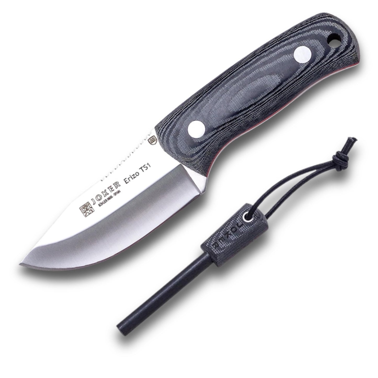 Joker "Erizo TS1 Sports Survival Knife, 2.95-inch Blade, Includes Kydex Sheath, 550 Paracord, Fishing, Hunting, Camping, and Hiking Tool (BLACK MICARTA, KYDEX SHEATH + FireStarter)