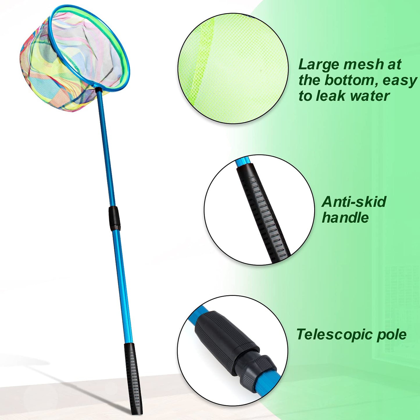 Kids Fishing Net, 2 Pack Telescopic Landing Nets with Aluminum Pole Handle, Collapsible Kids Bucket Sand Pail, Butterfly Net for Kids, Fishing Net for Kids Youth, Outdoor Playing (Pink and Blue)