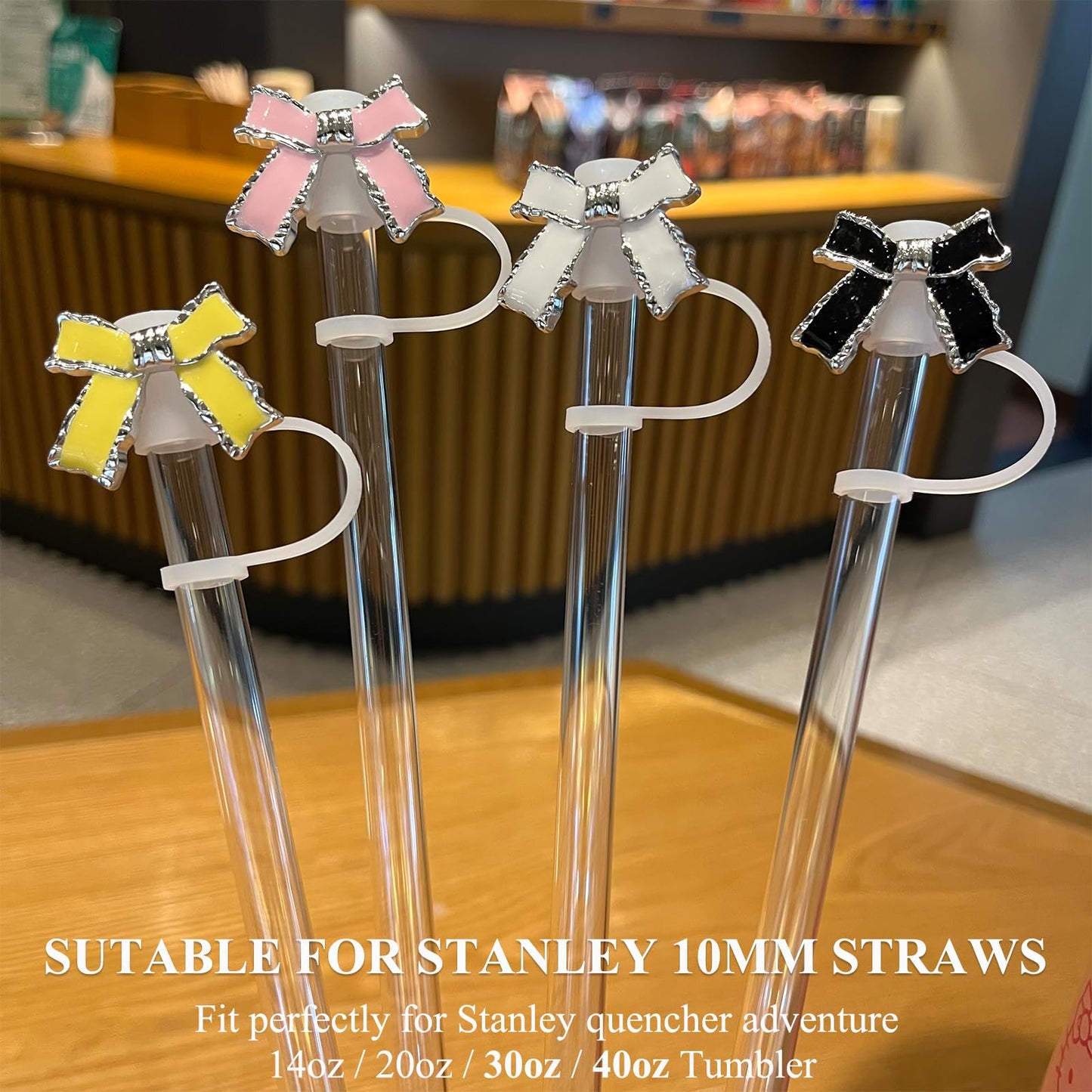 Amreich Epoxy Bow Straw Toppers for Stanley Cups -4PCs Cute Straw Cover Caps Silicone Stanley Cup Accessories Compatible with 12 20 30 40 Oz Tumblers in Pink Black White Yellow with Storage Case