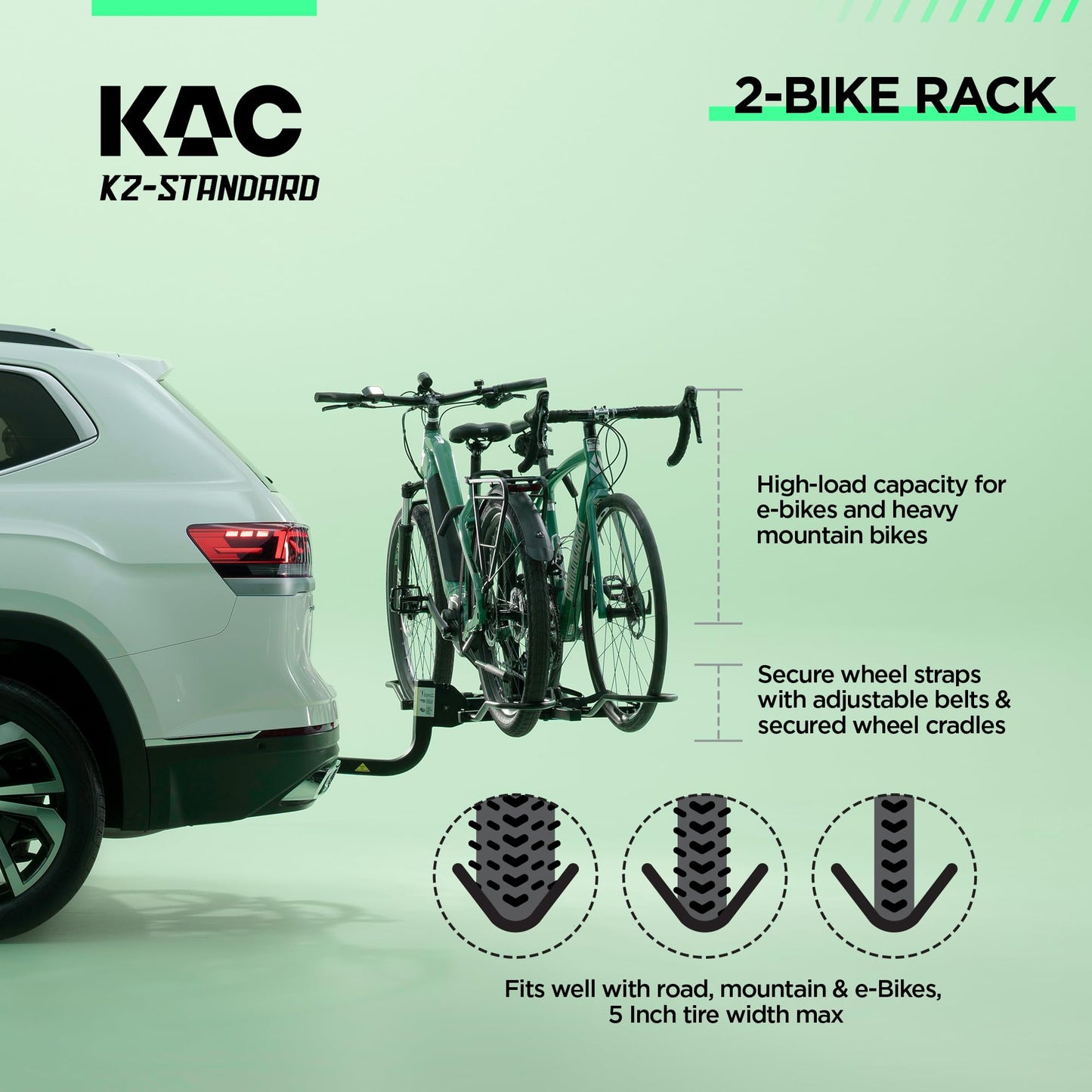 KAC Premium Bike Rack for Car, SUV, Hatchback Mount - Anti-Wobble Hitch & Quick Release Lever for Bikes - Heavy Duty Bicycle Carrier, Easy to Assemble/Install - Tire & Frame Straps Included (2 Bikes)