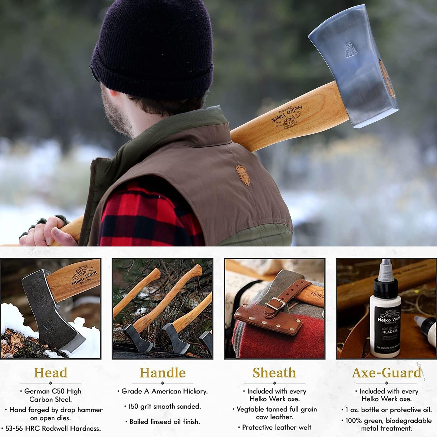1844 Helko Werk Germany Classic Journeyman Pack Axe - Made in Germany Lightweight and Compact Backpacking Axe and Bushcraft Axe for Camping - Head 1.5 lbs, Handle 20 in. (Journeyman) #11441