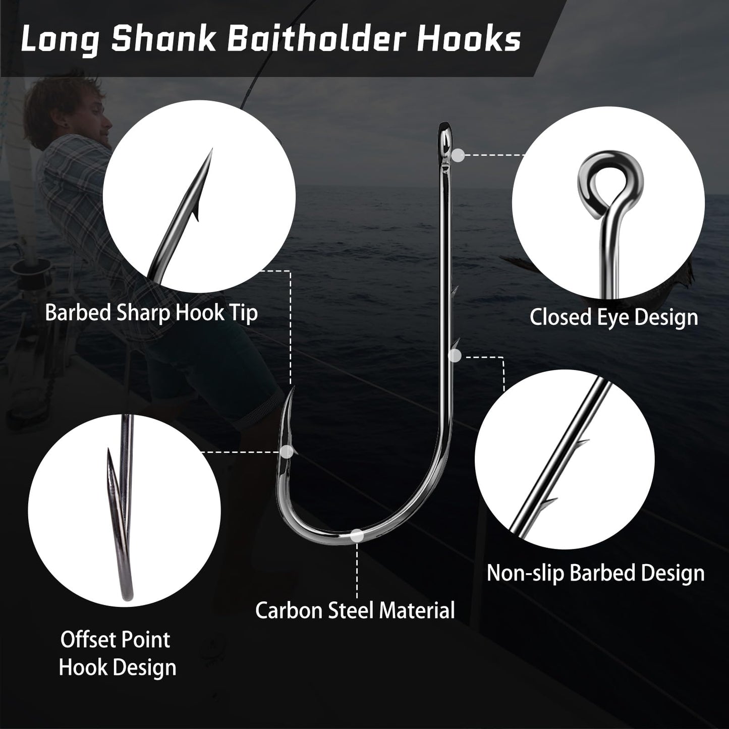 FishTrip Baitholder Hooks Fishing Offset- 100pcs Bait Holder Fish Hook Double Barbed/Long Shank/Closed Eye/Black for Fishing Rigs Freshwater Saltwater 12#
