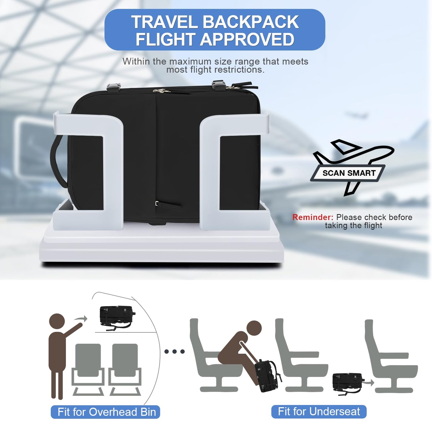 Expandable Travel Backpack For Women Men Airline Approved Personal Item Backpack For Airlines Carry On Backpack Flight Approved Waterproof Backpack For Traveling On Airplane Gym Travel Bag Black